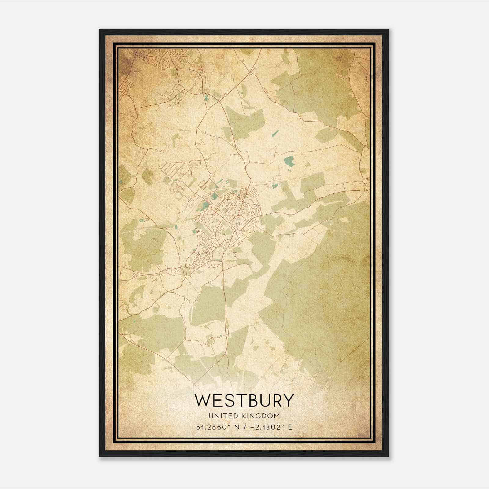 Vintage Westbury United Kingdom Map Poster, Westbury City Road Wall Art Print