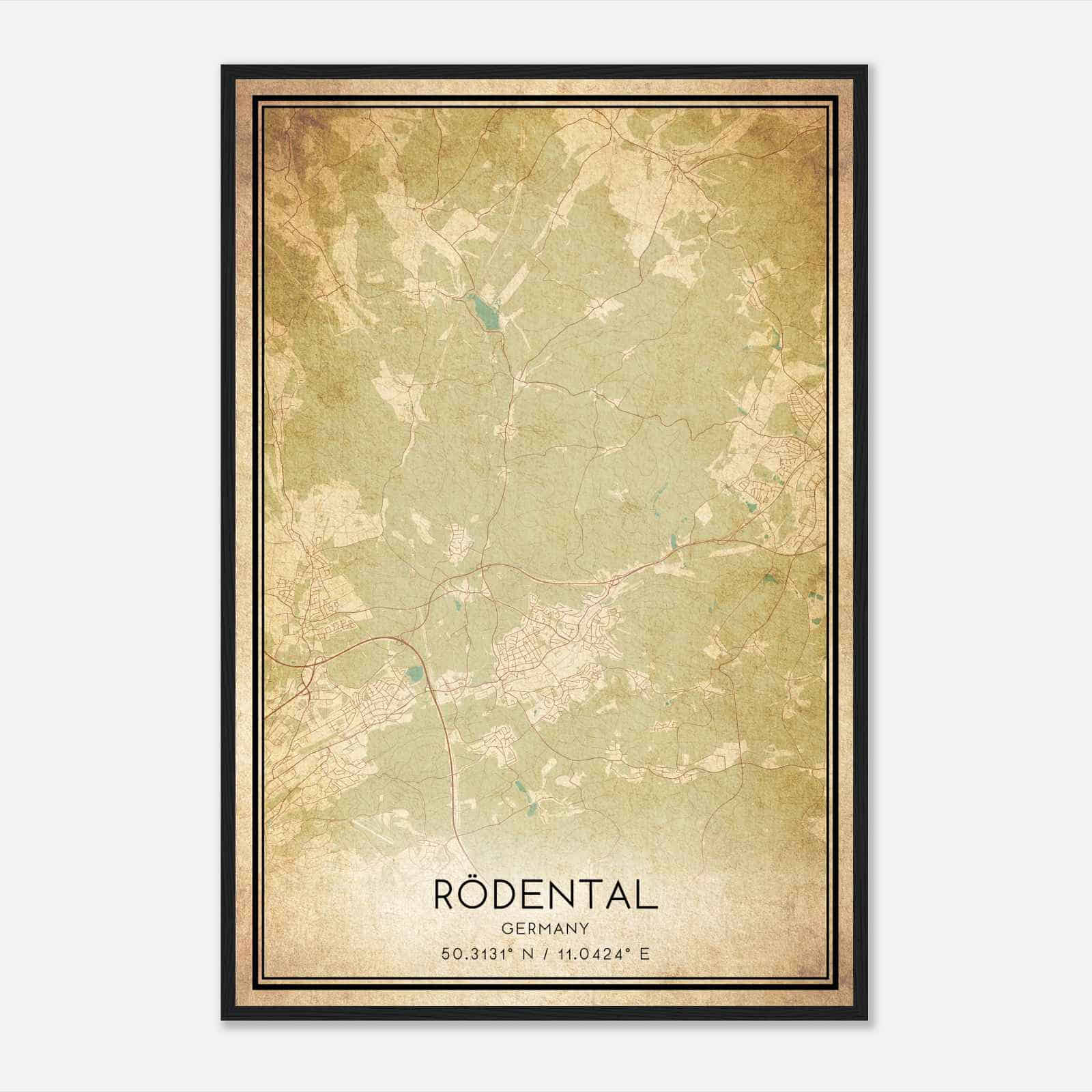 Vintage Rodental Germany Map Poster, Rodental City Road Wall Art Print
