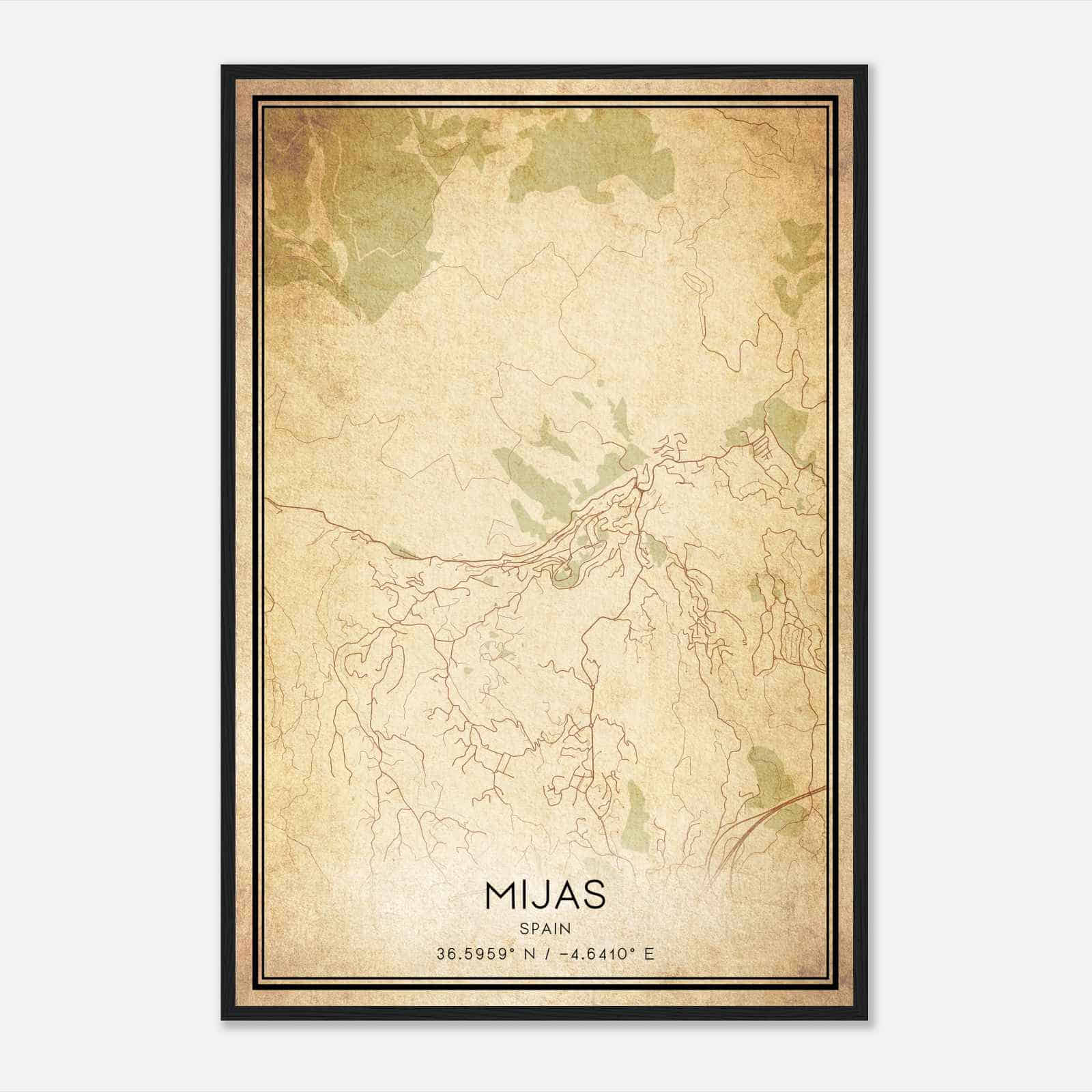 Vintage Mijas Spain Map Poster, Mijas City Road Wall Art Print
