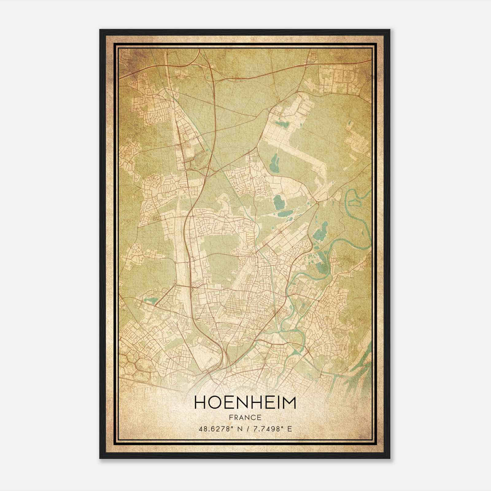Vintage Hoenheim France Map Poster, Hoenheim City Road Wall Art Print