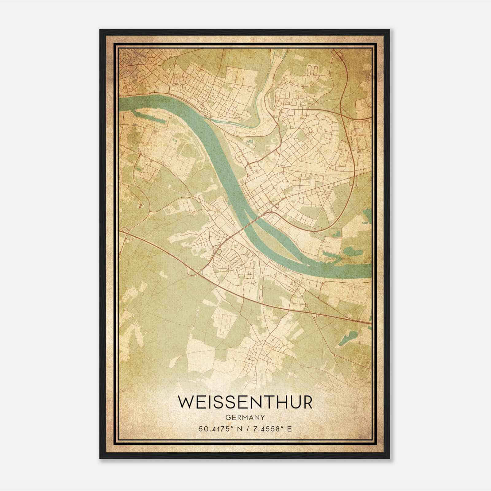 Vintage Weissenthurm Germany Map Poster, Weissenthurm City Road Wall Art Print