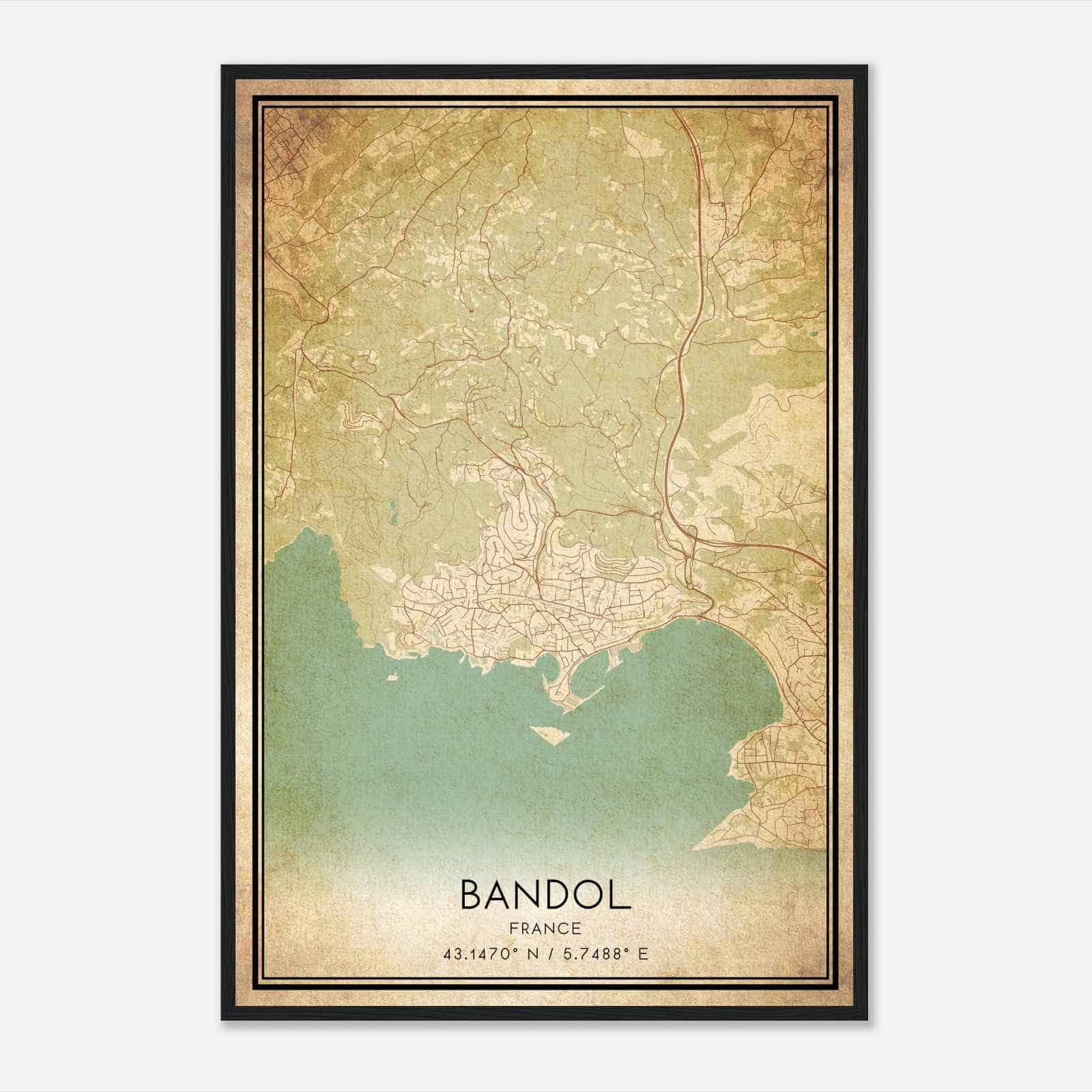 Vintage Bandol France Map Poster, Bandol City Road Wall Art Print