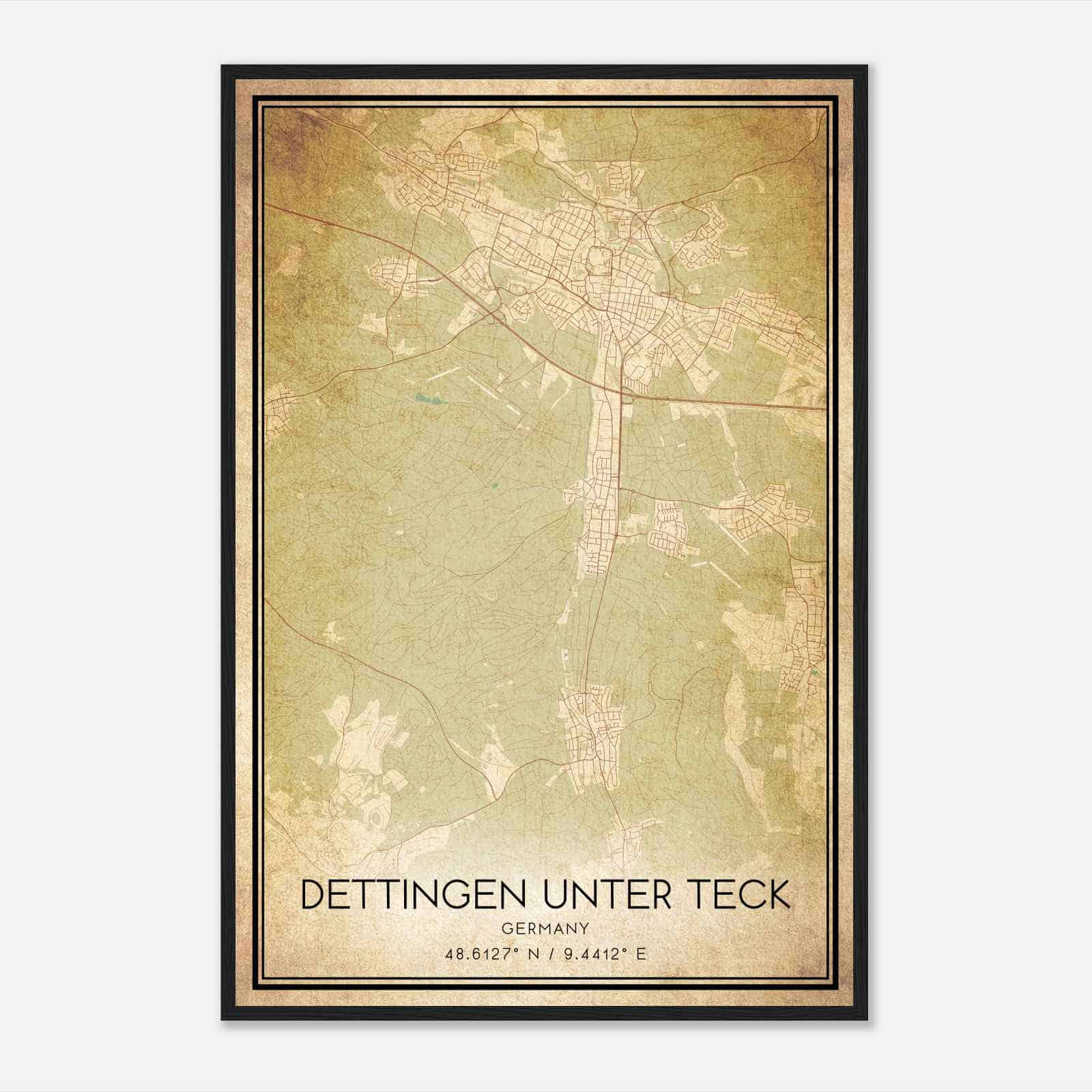 Vintage Dettingen unter Teck Germany Map Poster, Dettingen unter Teck City Road Wall Art Print