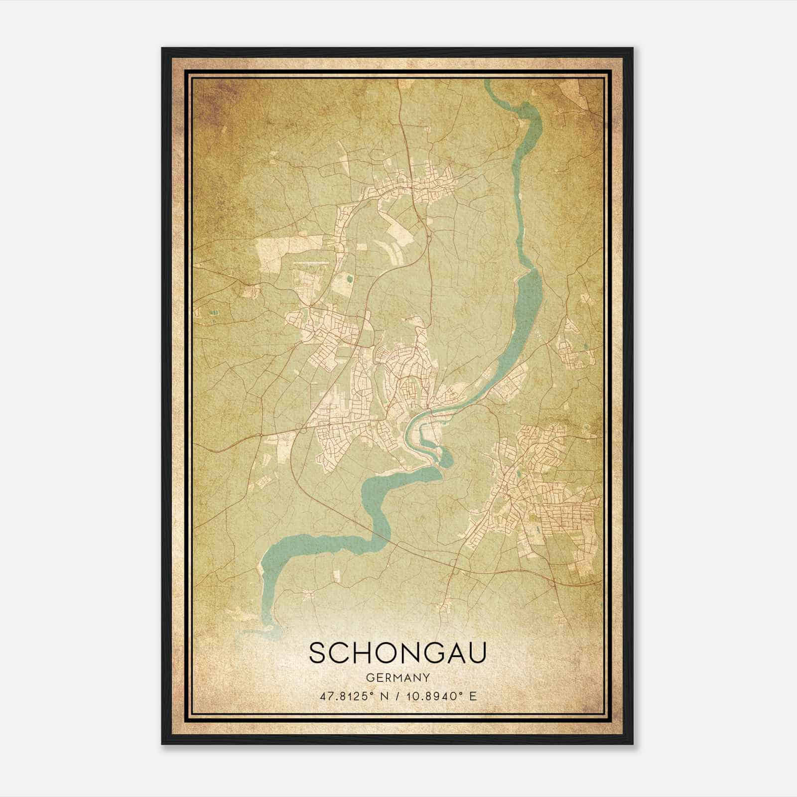 Vintage Schongau Germany Map Poster, Schongau City Road Wall Art Print
