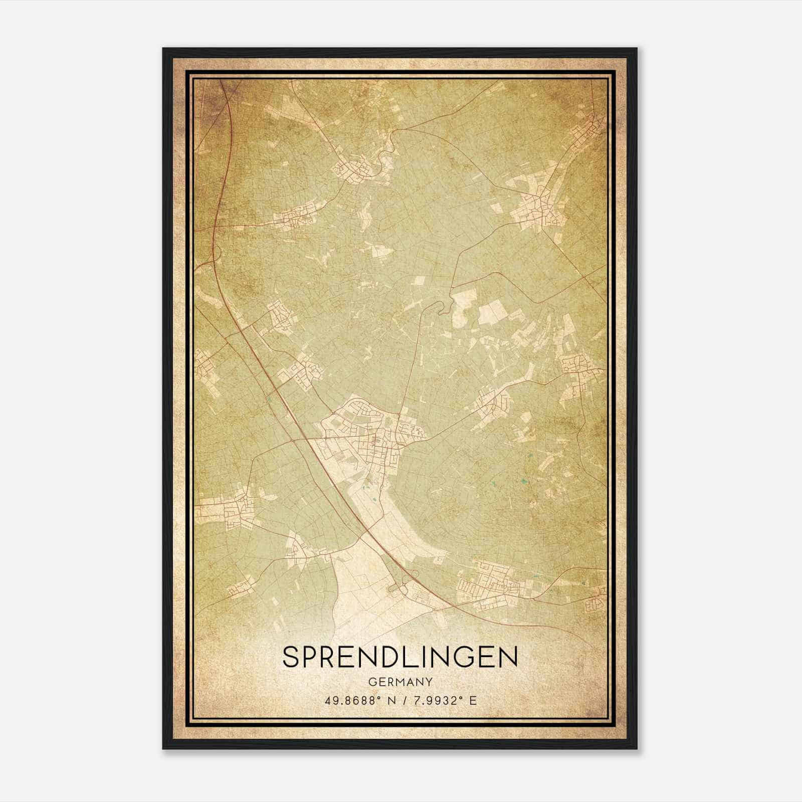 Vintage Sprendlingen Germany Map Poster, Sprendlingen City Road Wall Art Print
