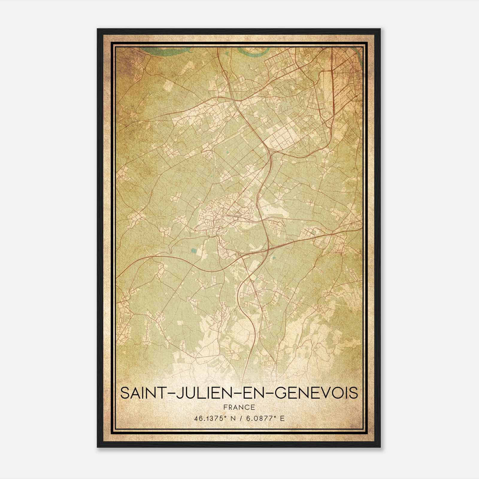 Vintage Saint-Julien-en-Genevois France Map Poster, Saint-Julien-en-Genevois City Road Wall Art Print