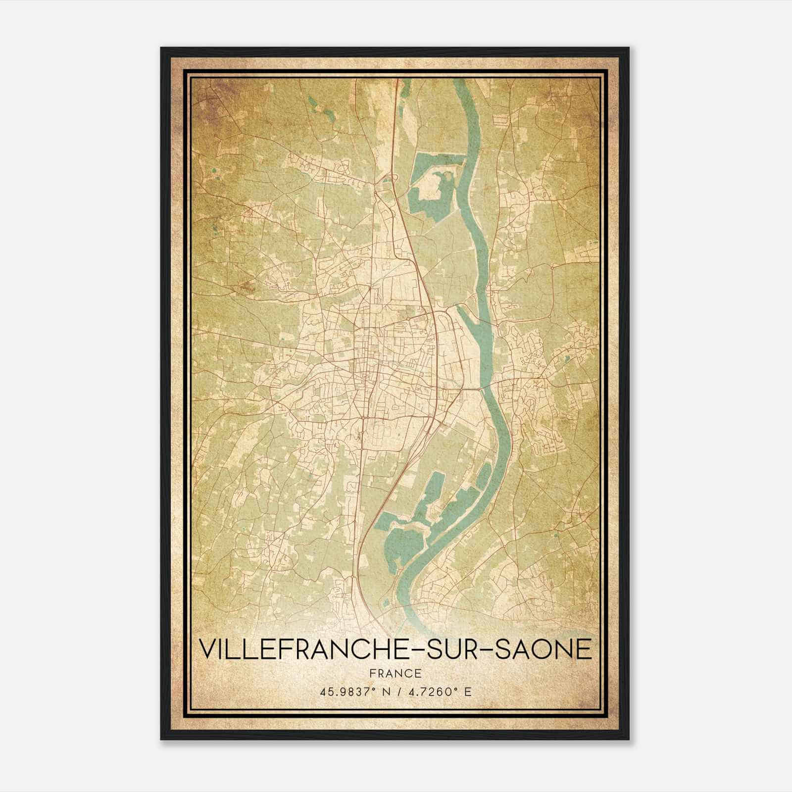 Vintage Villefranche-sur-Saone France Map Poster, Villefranche-sur-Saone City Road Wall Art Print