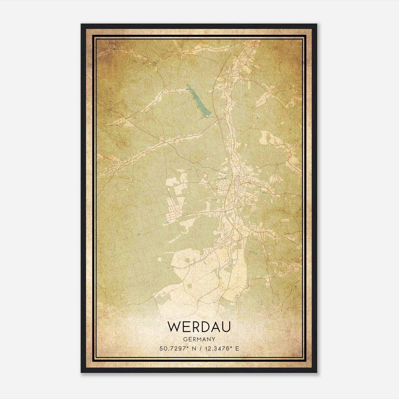 Vintage Werdau Germany Map Poster, Werdau City Road Wall Art Print