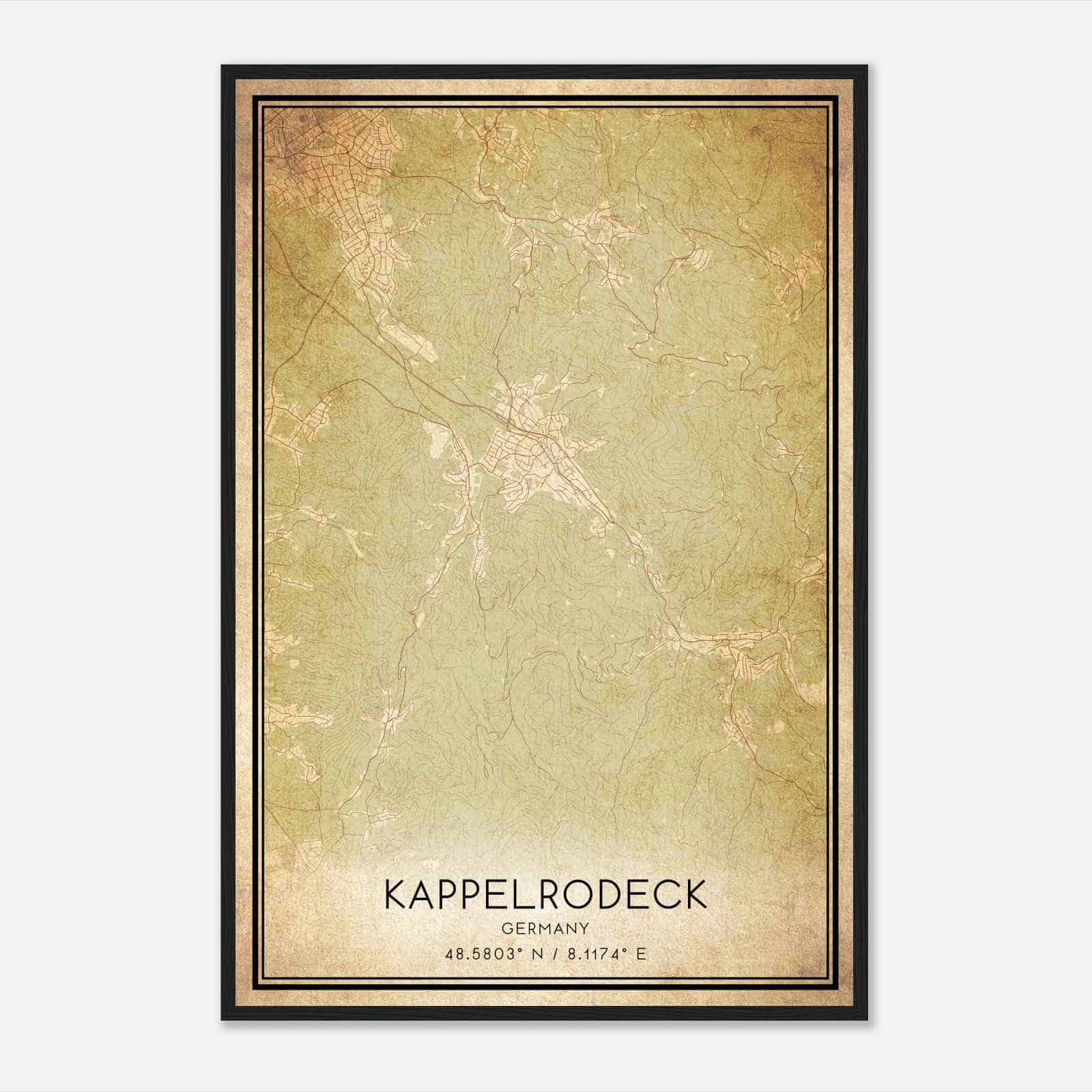 Vintage Kappelrodeck Germany Map Poster, Kappelrodeck City Road Wall Art Print