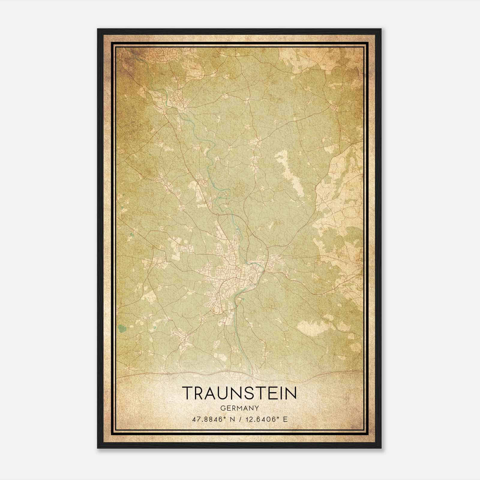 Vintage Traunstein Germany Map Poster, Traunstein City Road Wall Art Print