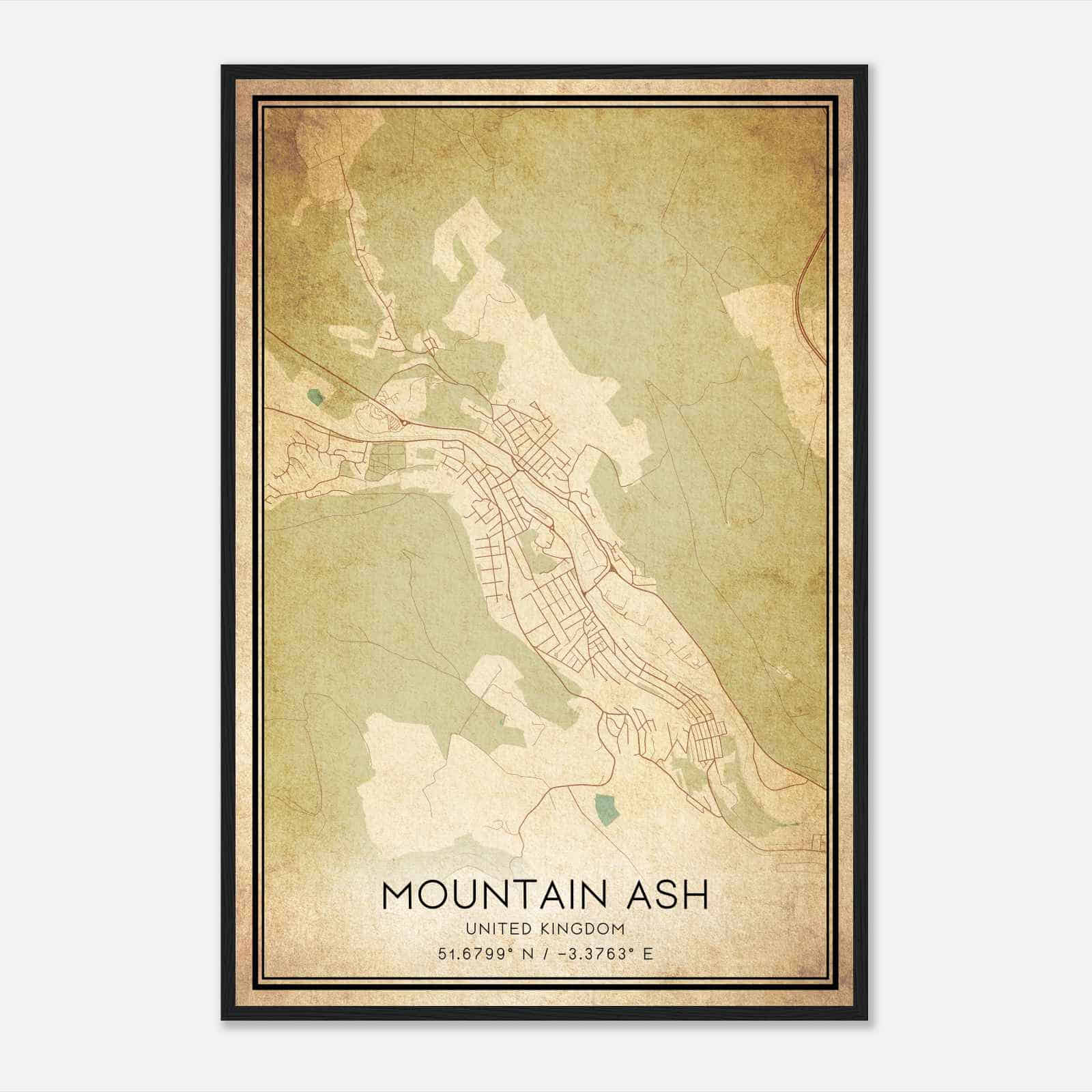 Vintage Mountain Ash United Kingdom Map Poster, Mountain Ash City Road Wall Art Print