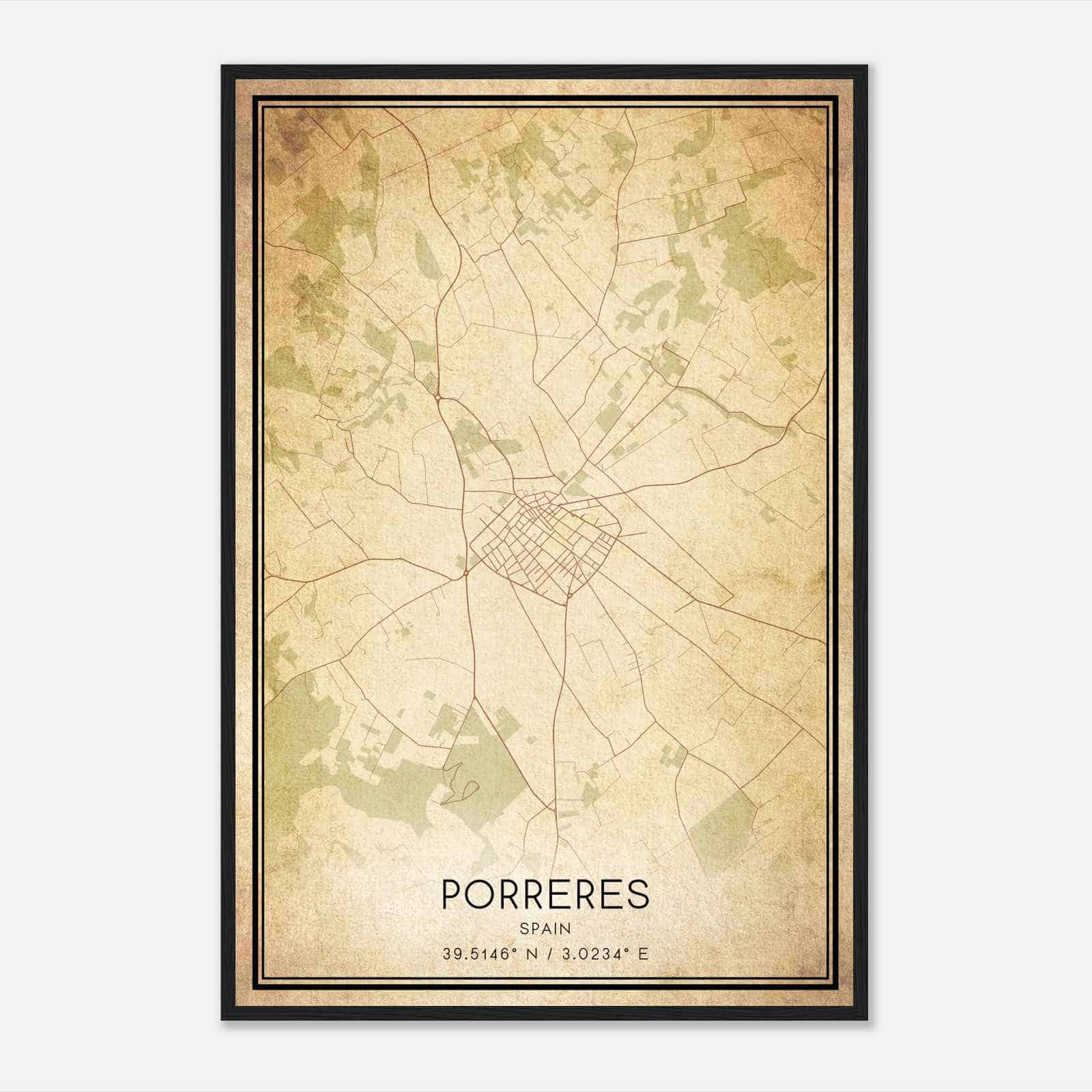 Vintage Porreras Spain Map Poster, Porreras City Road Wall Art Print