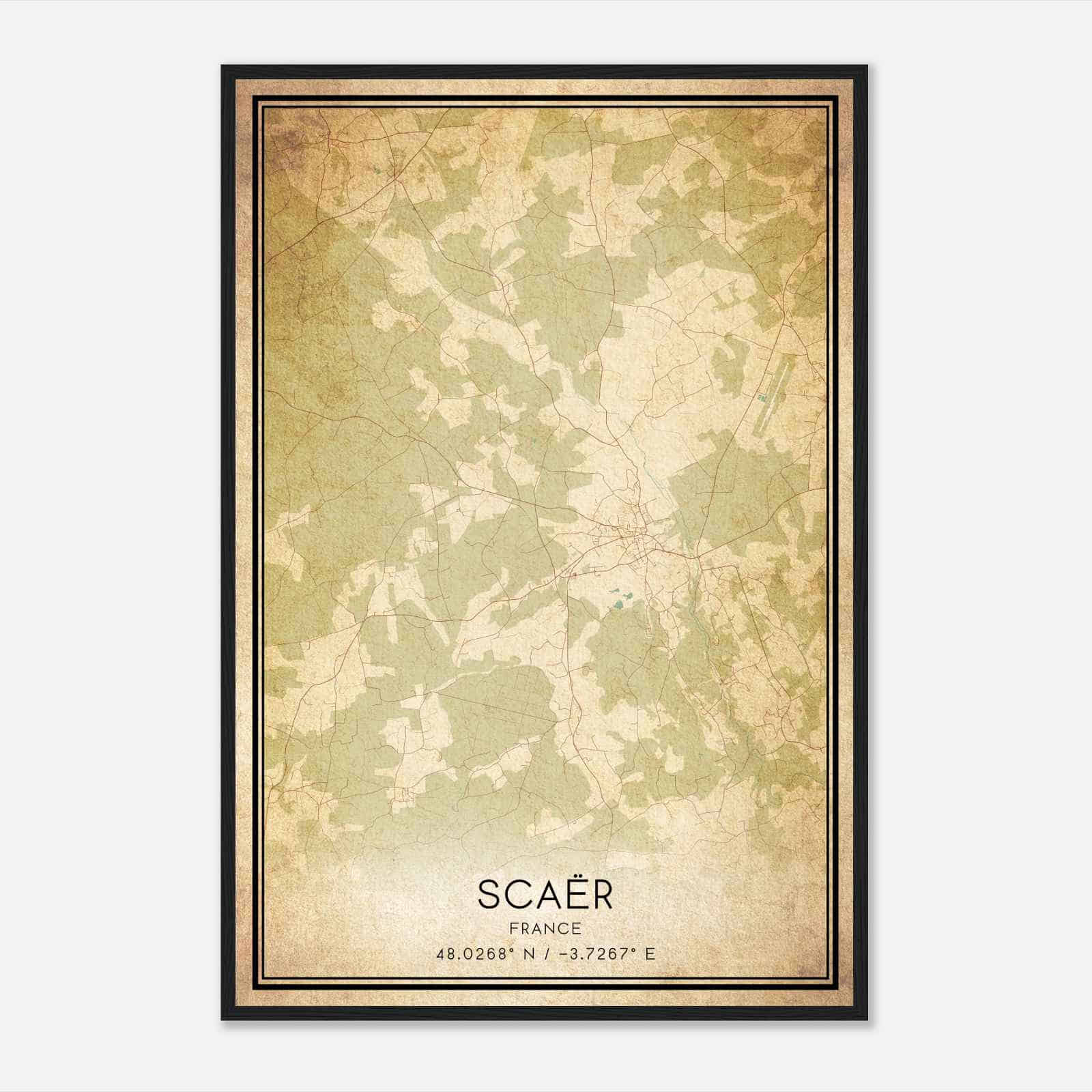 Vintage Scaer France Map Poster, Scaer City Road Wall Art Print