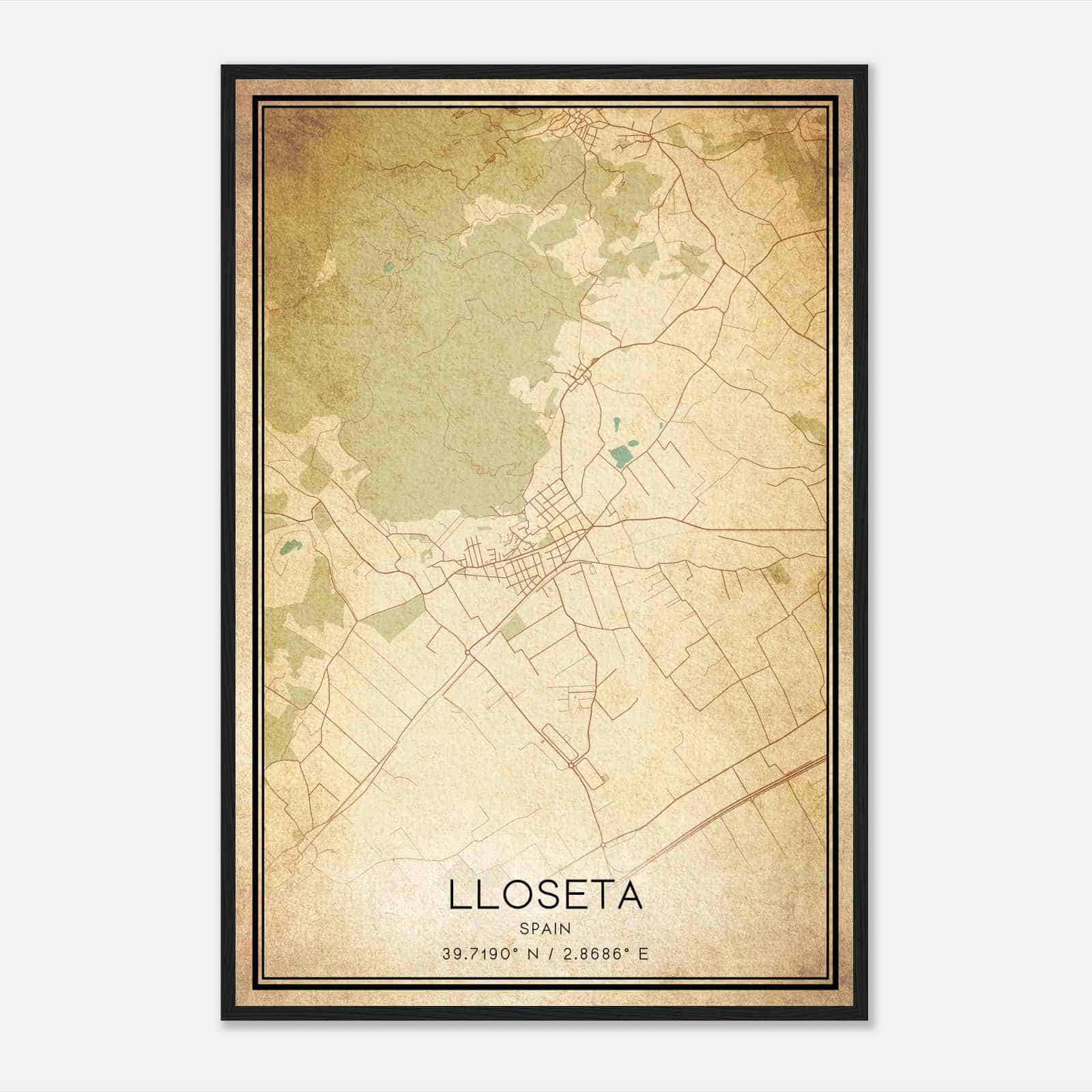 Vintage Lloseta Spain Map Poster, Lloseta City Road Wall Art Print