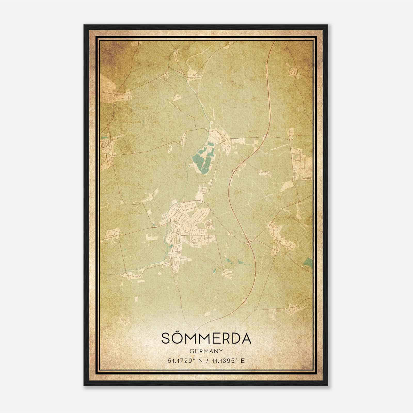 Vintage Sommerda Germany Map Poster, Sommerda City Road Wall Art Print