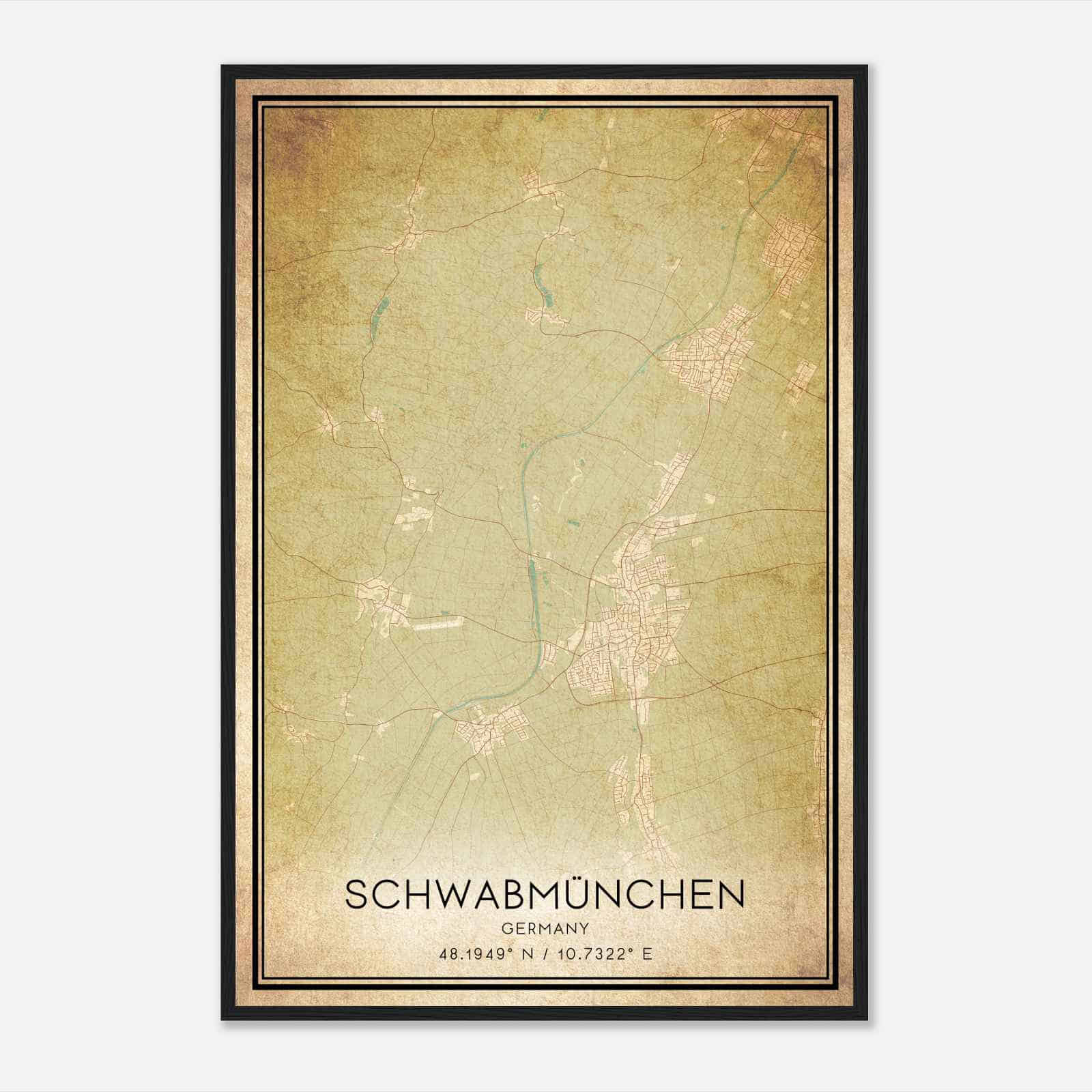 Vintage Schwabmunchen Germany Map Poster, Schwabmunchen City Road Wall Art Print