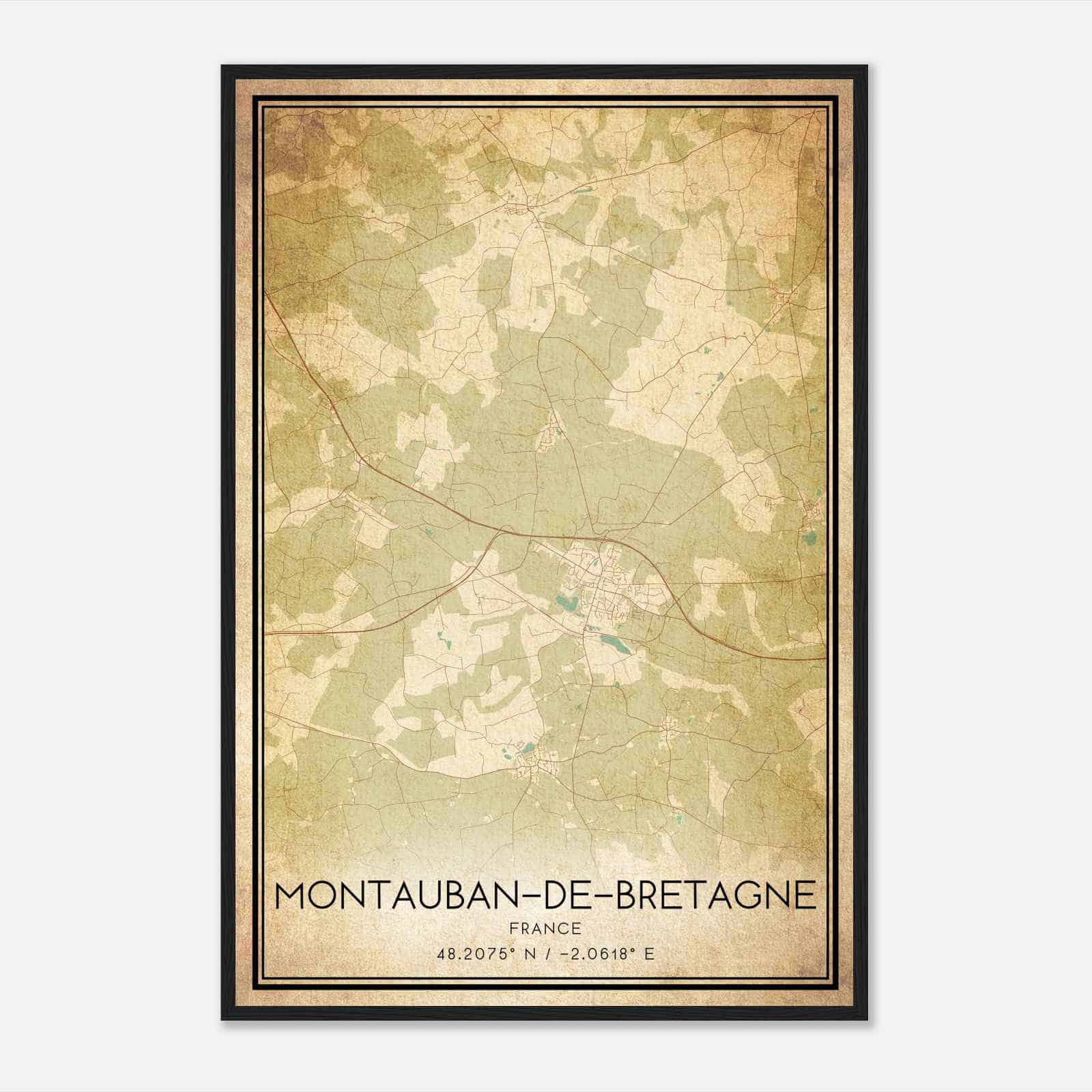 Vintage Montauban-de-Bretagne France Map Poster, Montauban-de-Bretagne City Road Wall Art Print