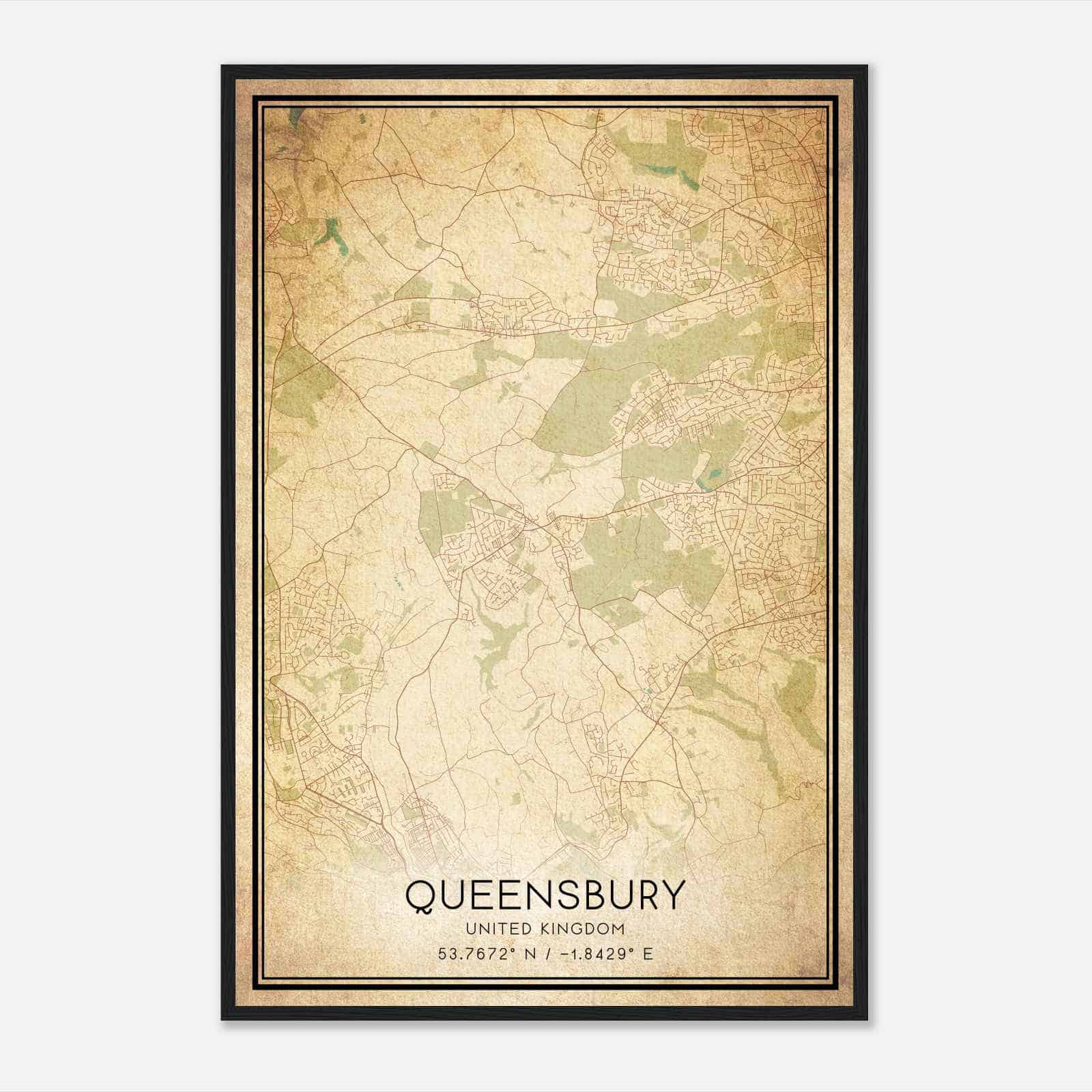 Vintage Queensbury United Kingdom Map Poster, Queensbury City Road Wall Art Print