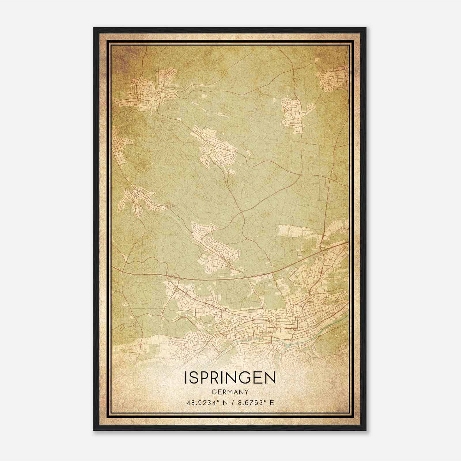 Vintage Ispringen Germany Map Poster, Ispringen City Road Wall Art Print