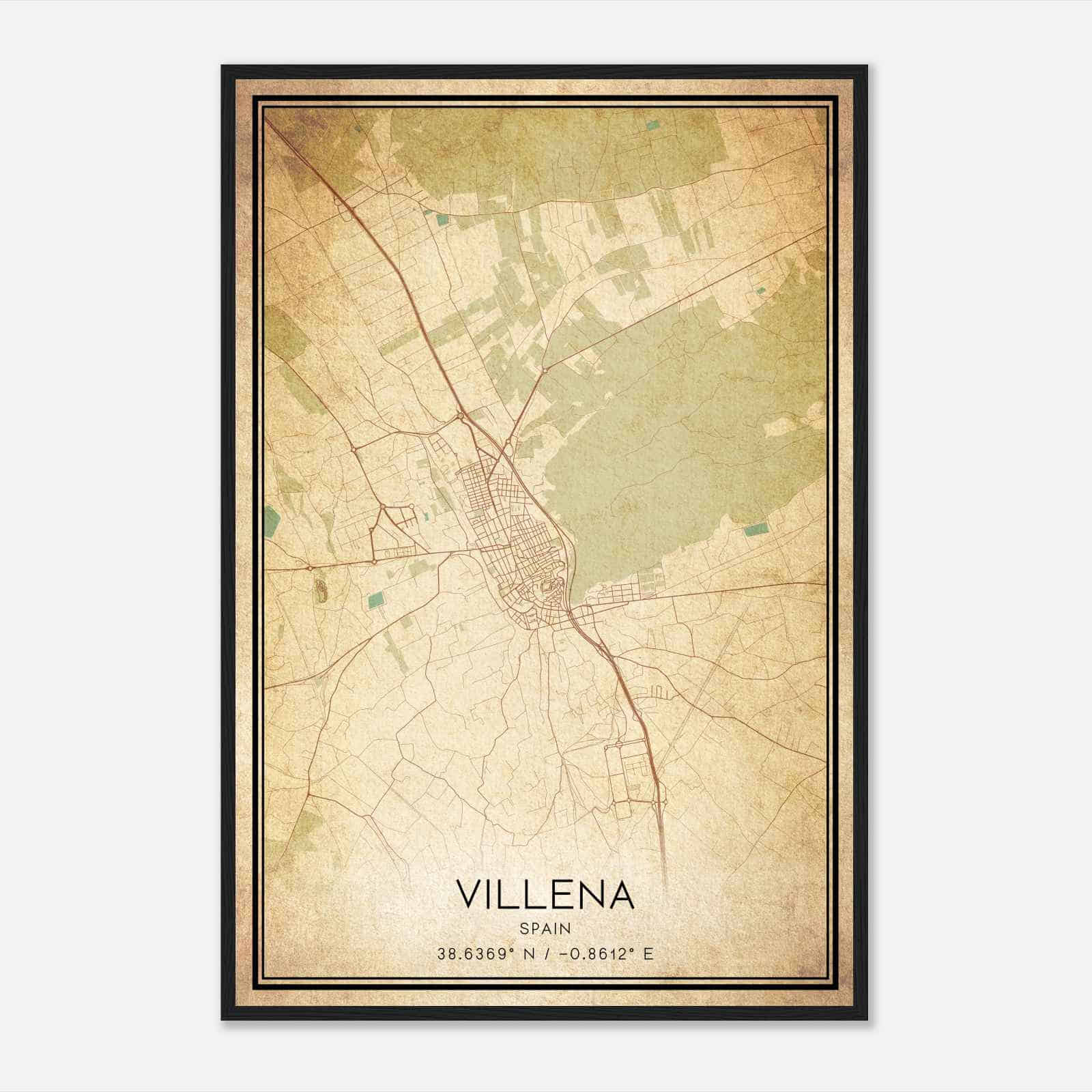 Vintage Villena Spain Map Poster, Villena City Road Wall Art Print