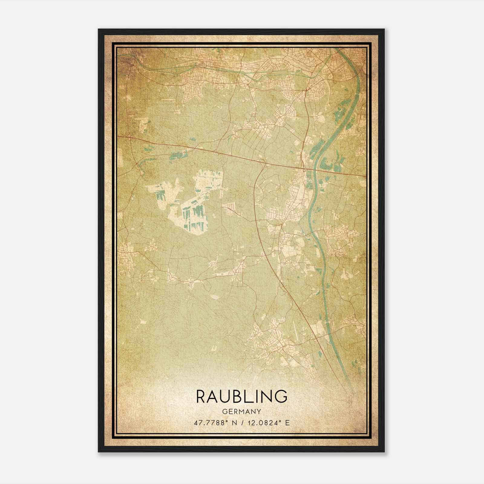Vintage Raubling Germany Map Poster, Raubling City Road Wall Art Print
