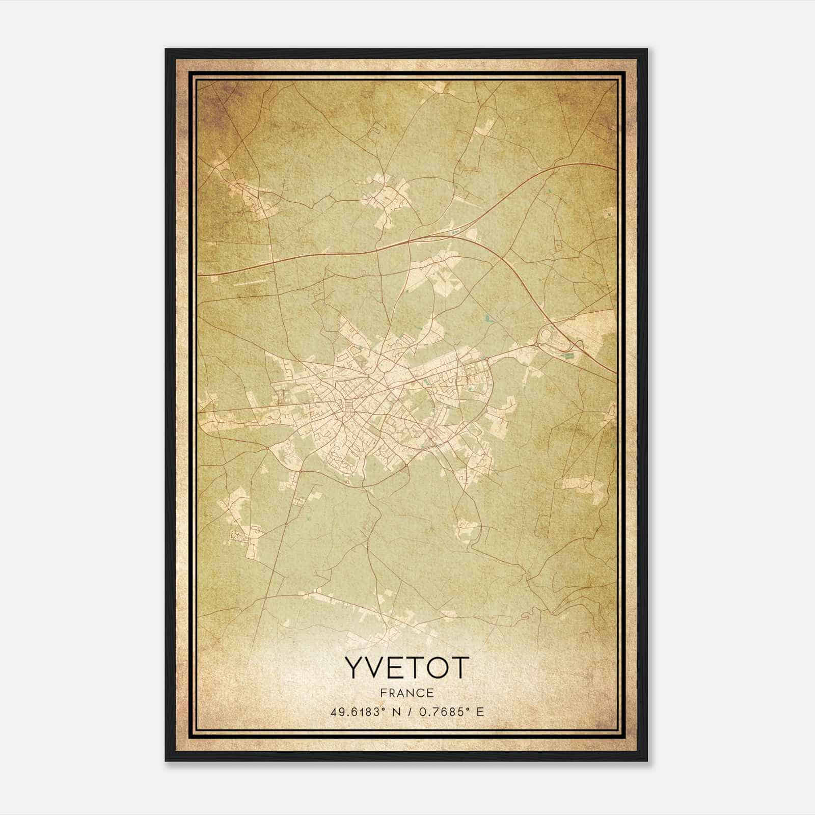 Vintage Yvetot France Map Poster, Yvetot City Road Wall Art Print