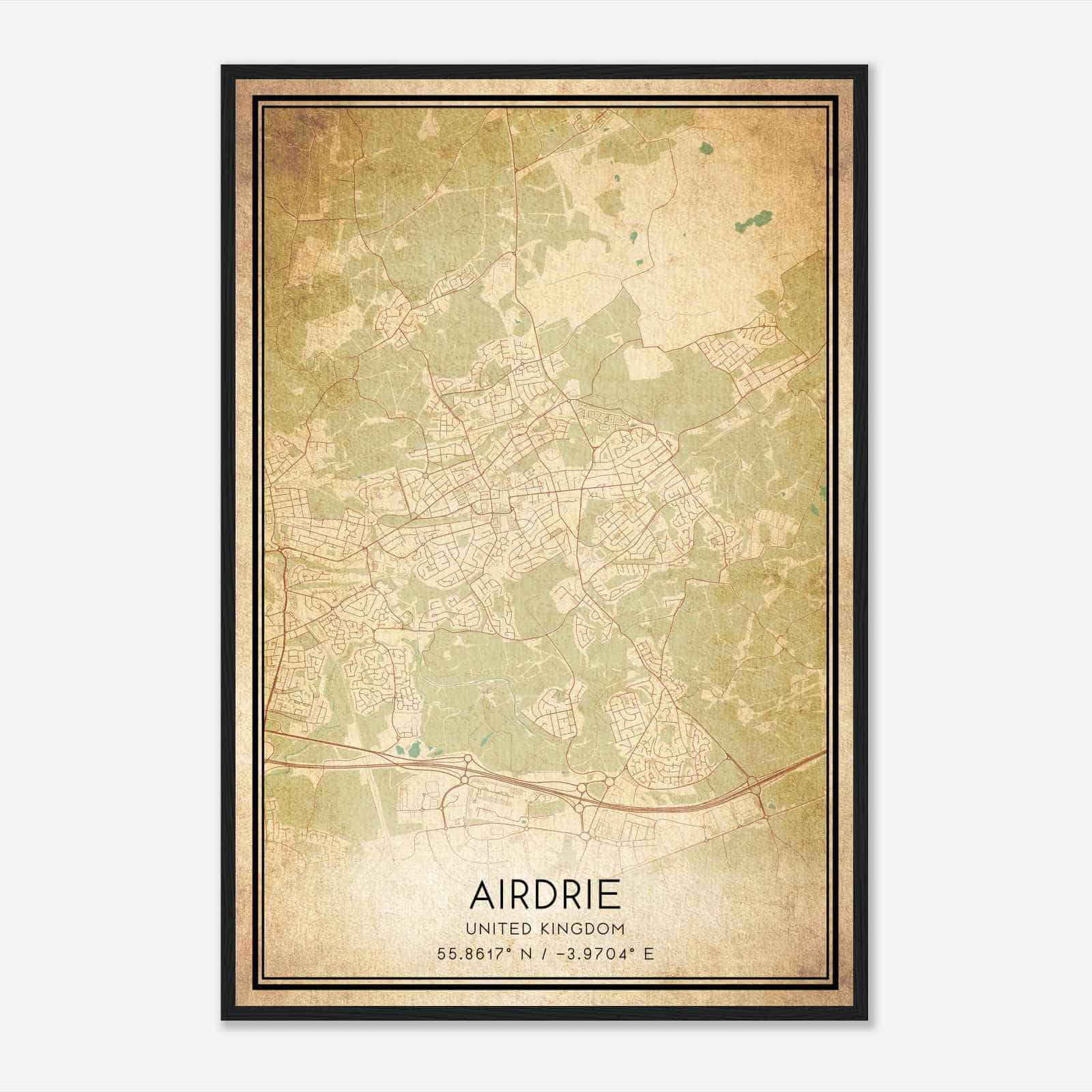 Vintage Airdrie United Kingdom Map Poster, Airdrie City Road Wall Art Print