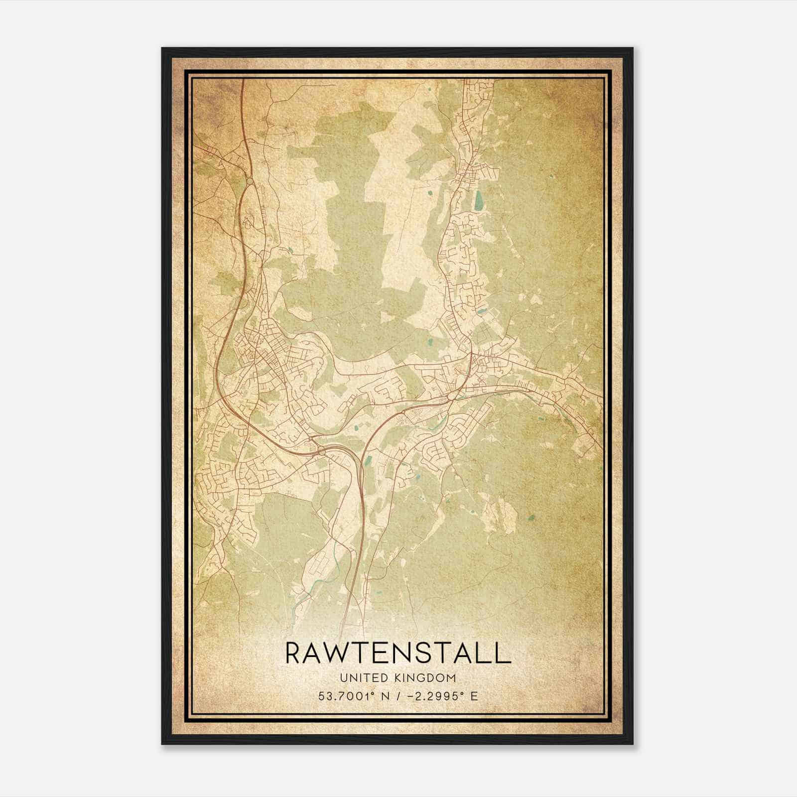 Vintage Rawtenstall United Kingdom Map Poster, Rawtenstall City Road Wall Art Print