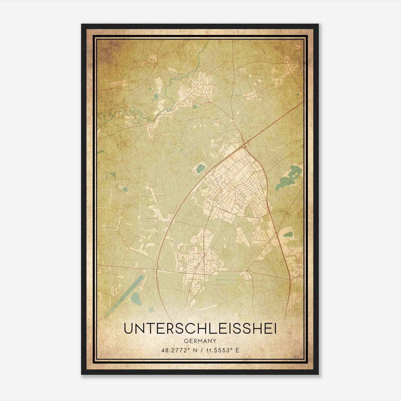 Vintage Unterschleissheim Germany Map Poster, Unterschleissheim City Road Wall Art Print