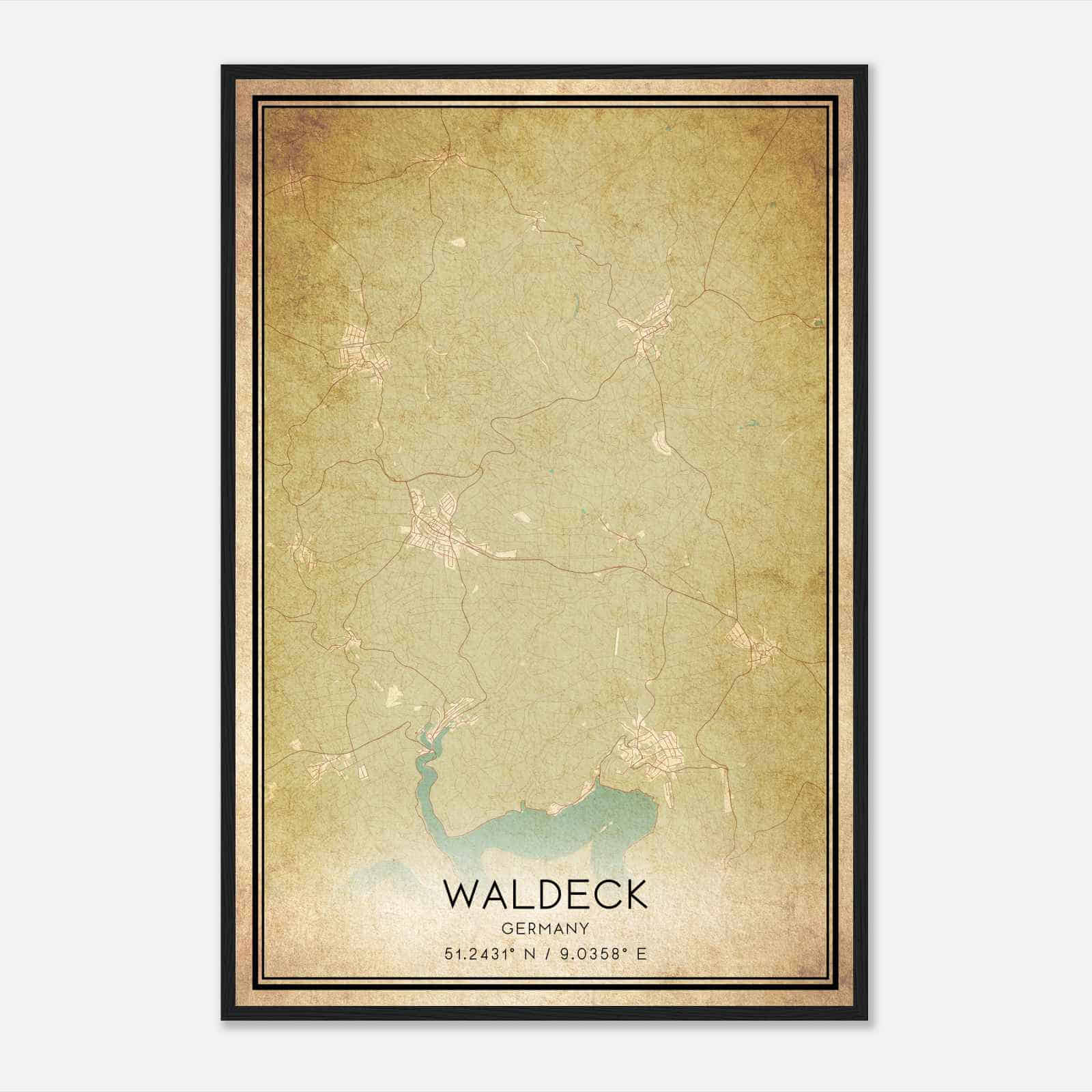 Vintage Waldeck Germany Map Poster, Waldeck City Road Wall Art Print