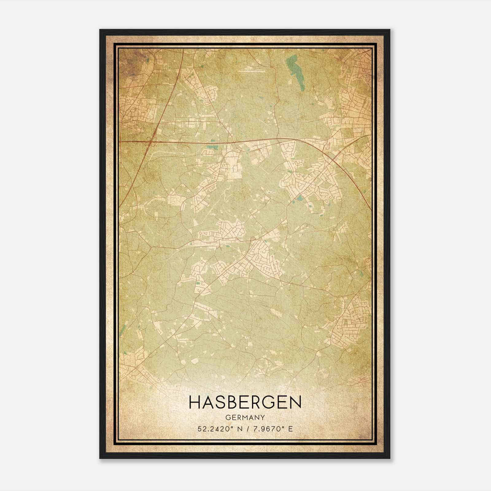 Vintage Hasbergen Germany Map Poster, Hasbergen City Road Wall Art Print