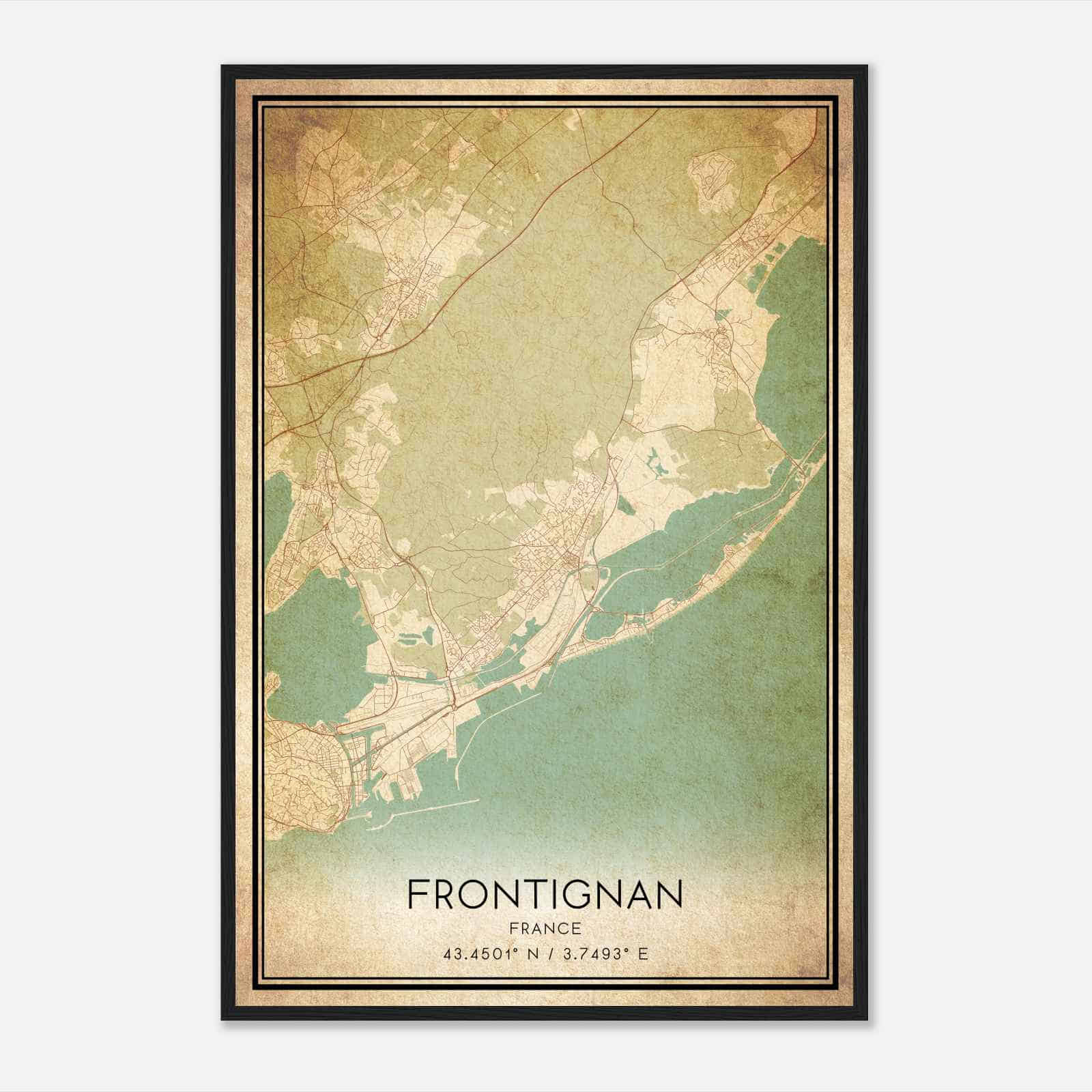 Vintage Frontignan France Map Poster, Frontignan City Road Wall Art Print