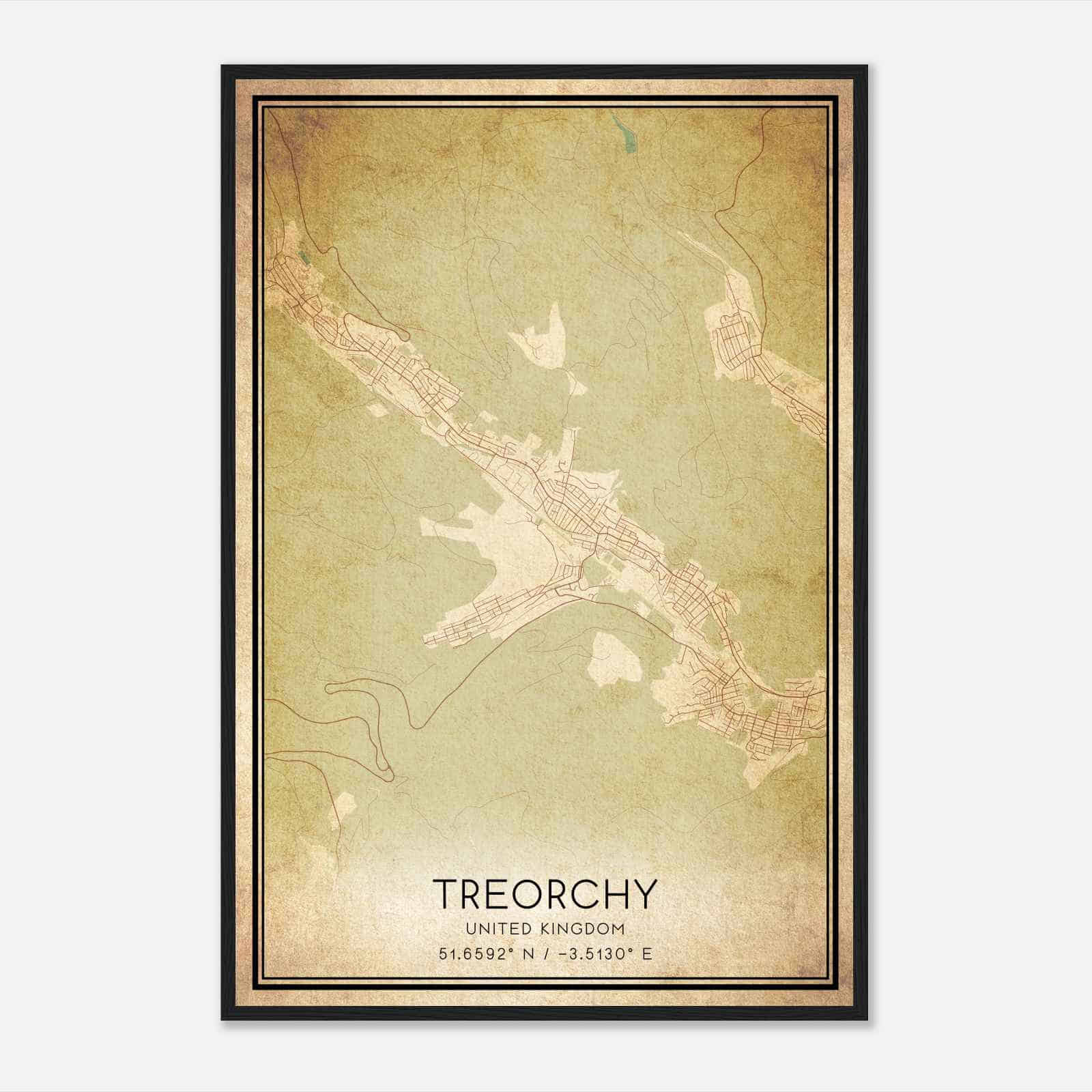 Vintage Treorchy United Kingdom Map Poster, Treorchy City Road Wall Art Print
