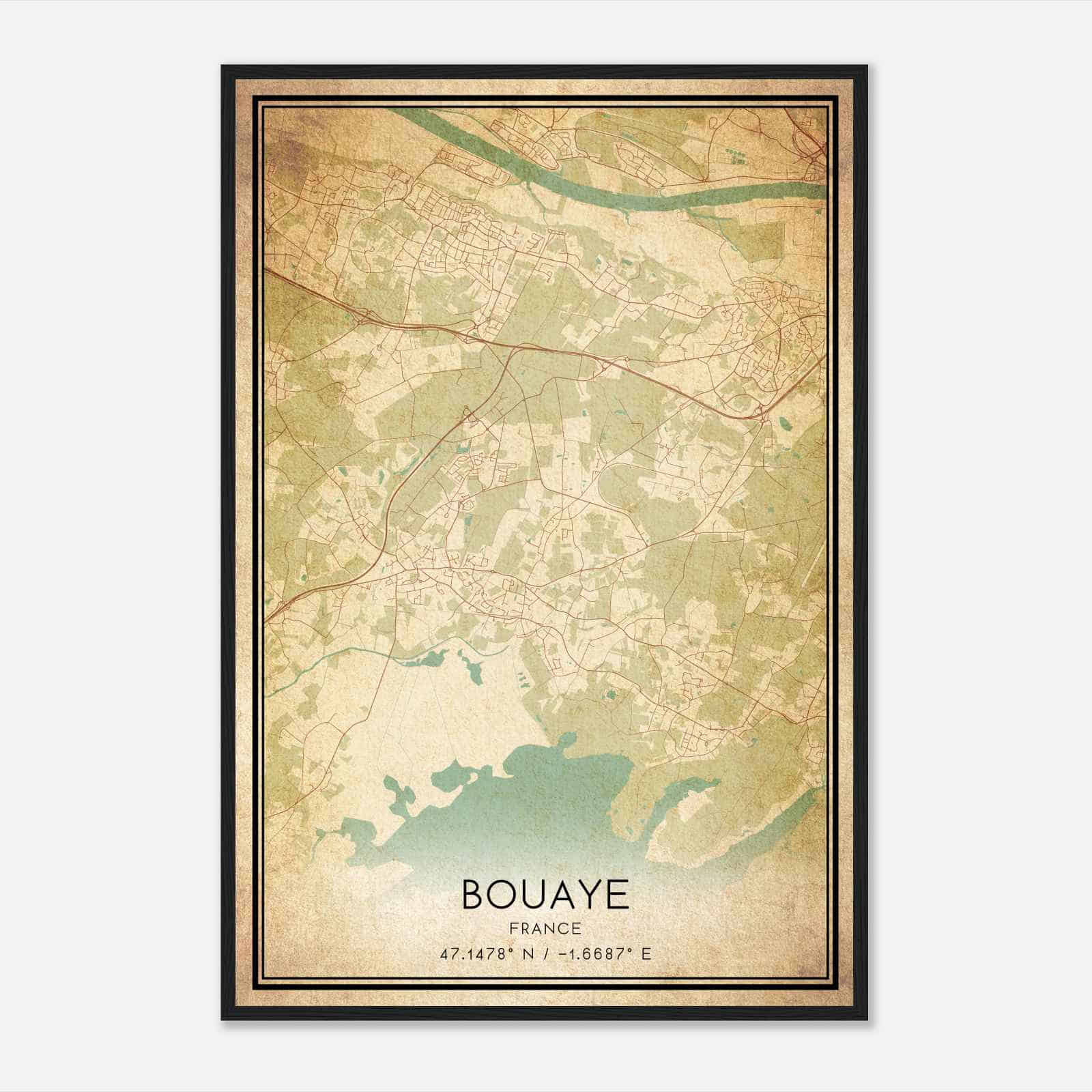 Vintage Bouaye France Map Poster, Bouaye City Road Wall Art Print
