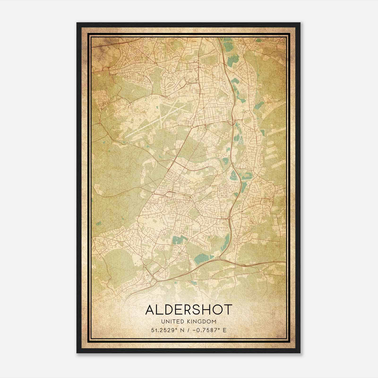 Vintage Aldershot United Kingdom Map Poster, Aldershot City Road Wall Art Print