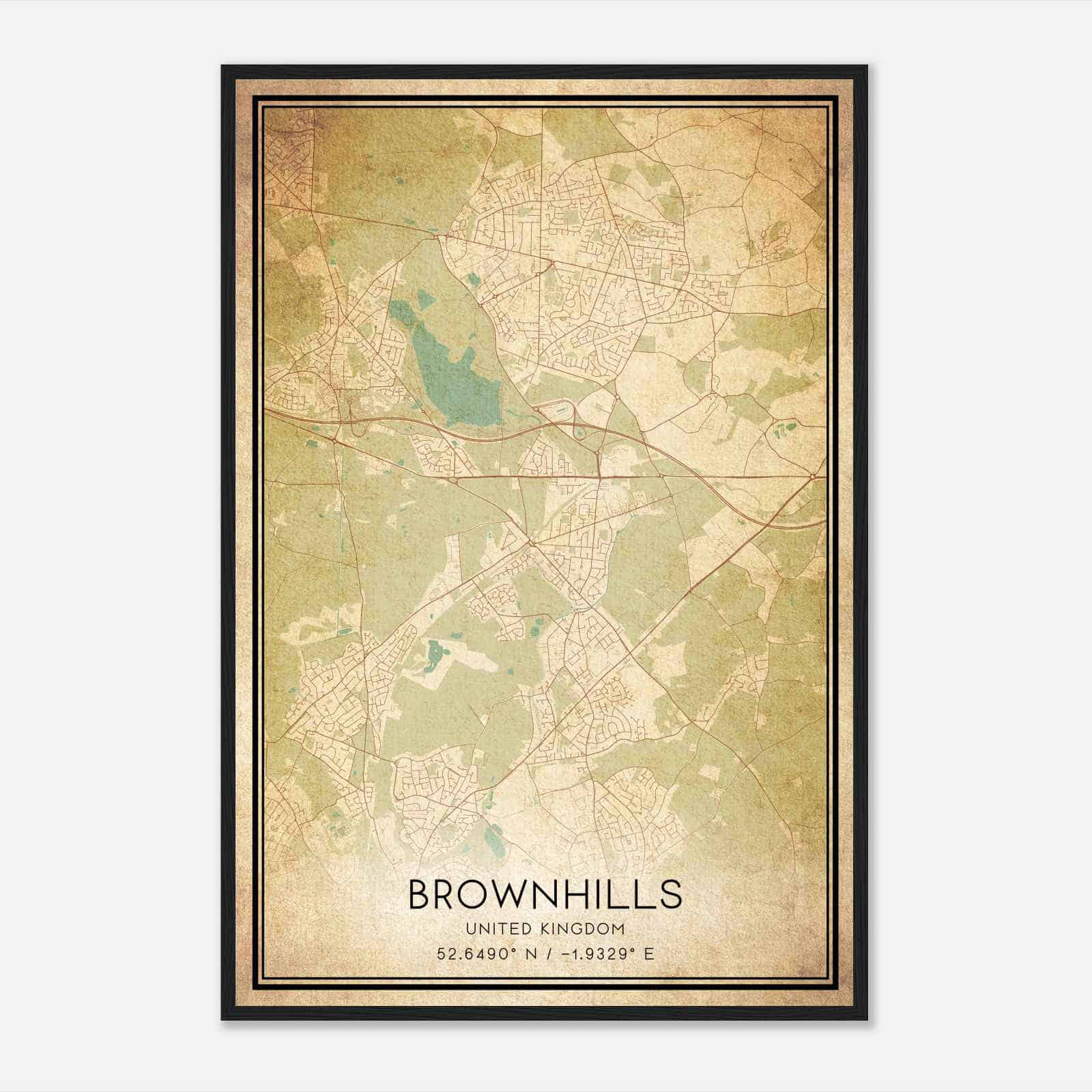 Vintage Brownhills United Kingdom Map Poster, Brownhills City Road Wall Art Print