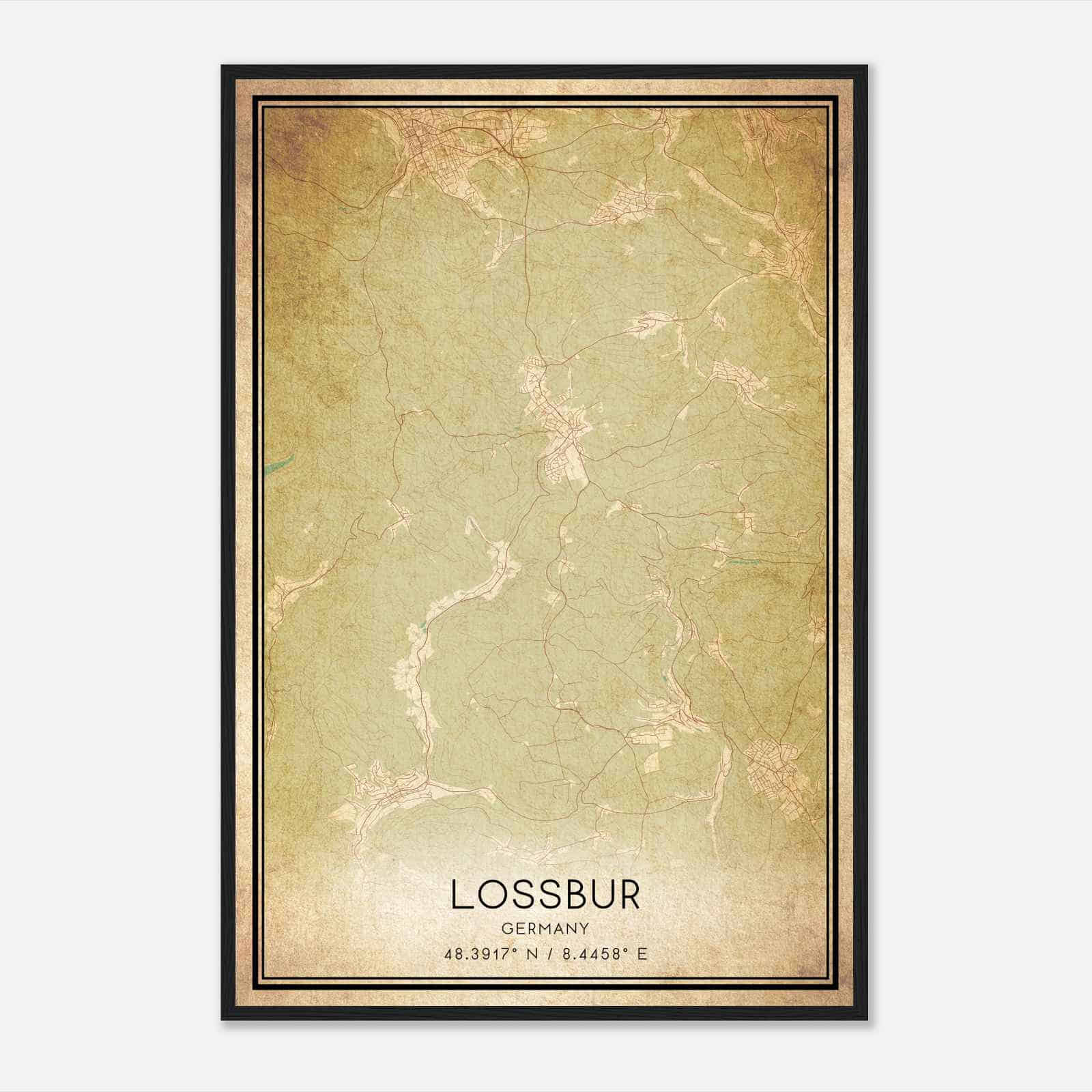 Vintage Lossburg Germany Map Poster, Lossburg City Road Wall Art Print