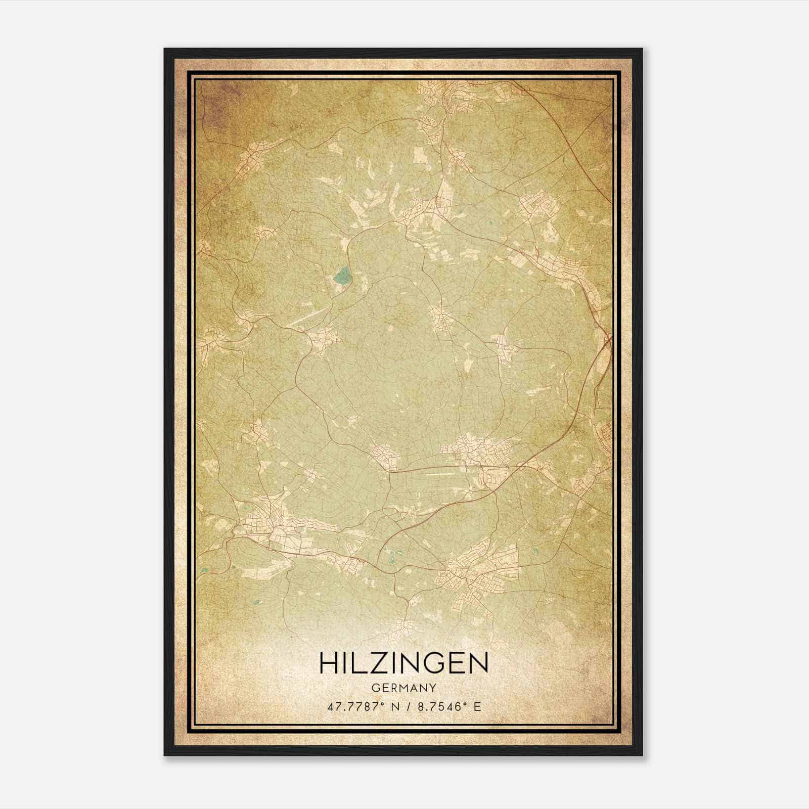 Vintage Hilzingen Germany Map Poster, Hilzingen City Road Wall Art Print