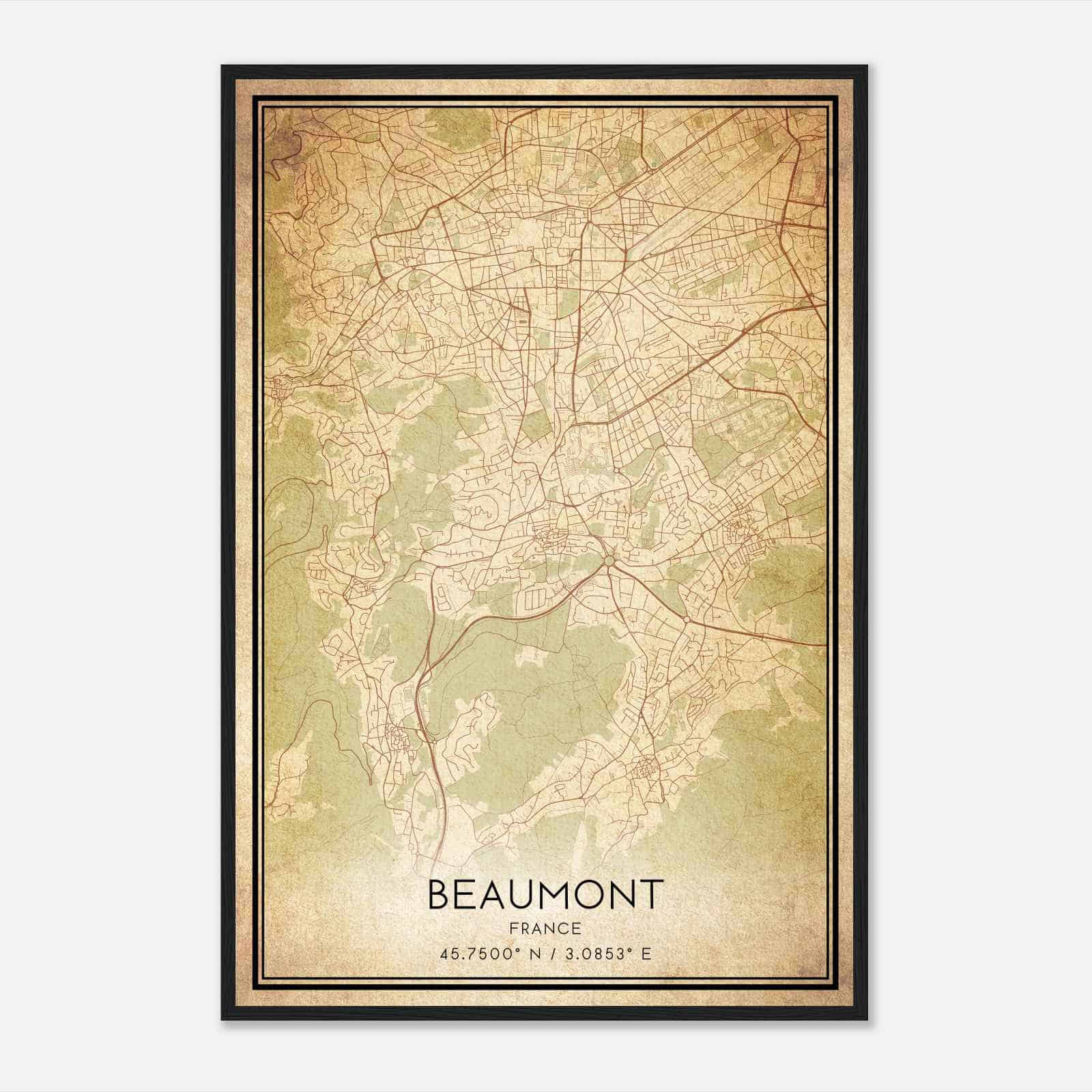 Vintage Beaumont France Map Poster, Beaumont City Road Wall Art Print