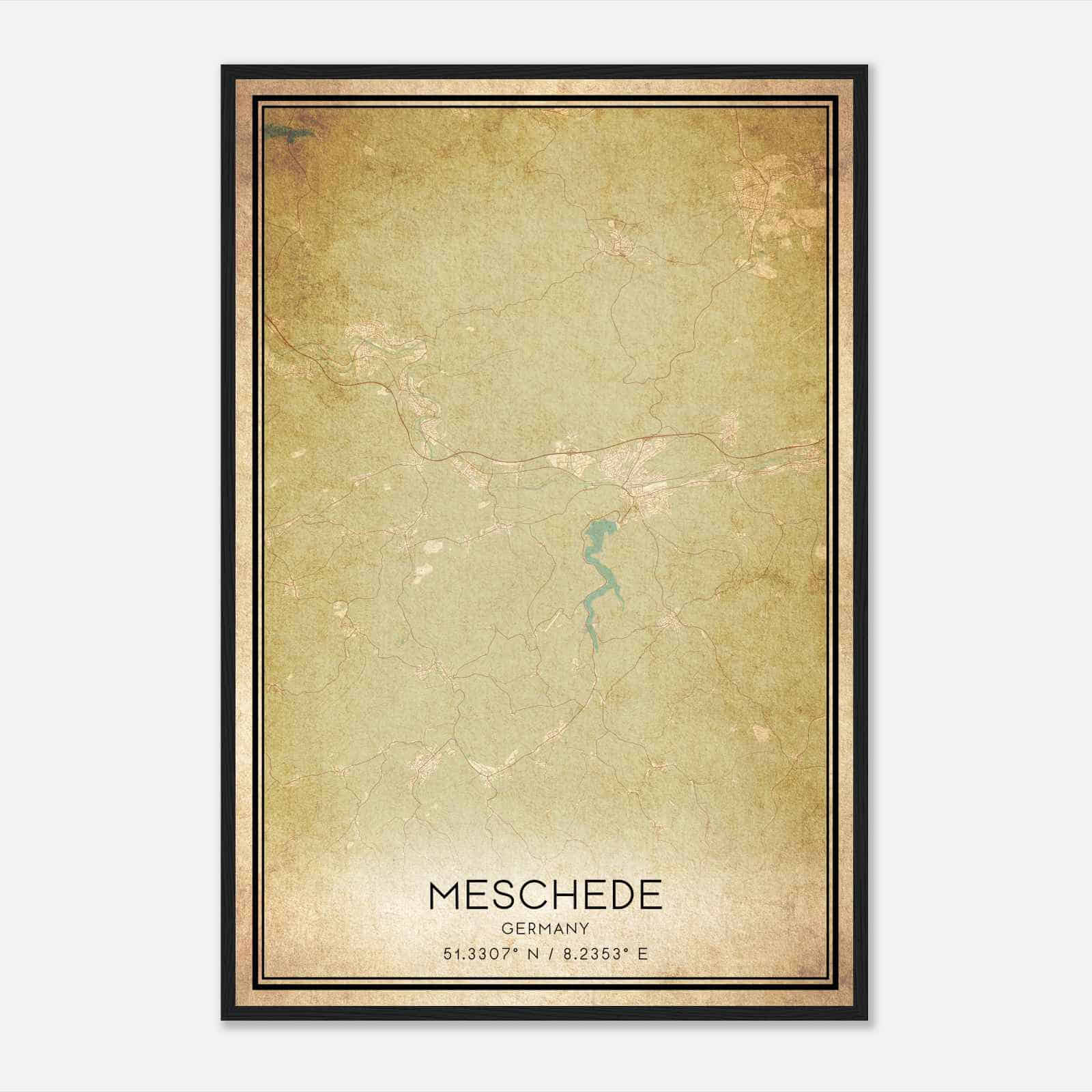 Vintage Meschede Germany Map Poster, Meschede City Road Wall Art Print