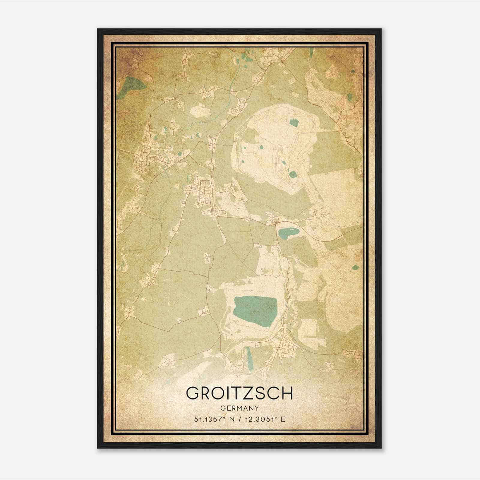 Vintage Groitzsch Germany Map Poster, Groitzsch City Road Wall Art Print