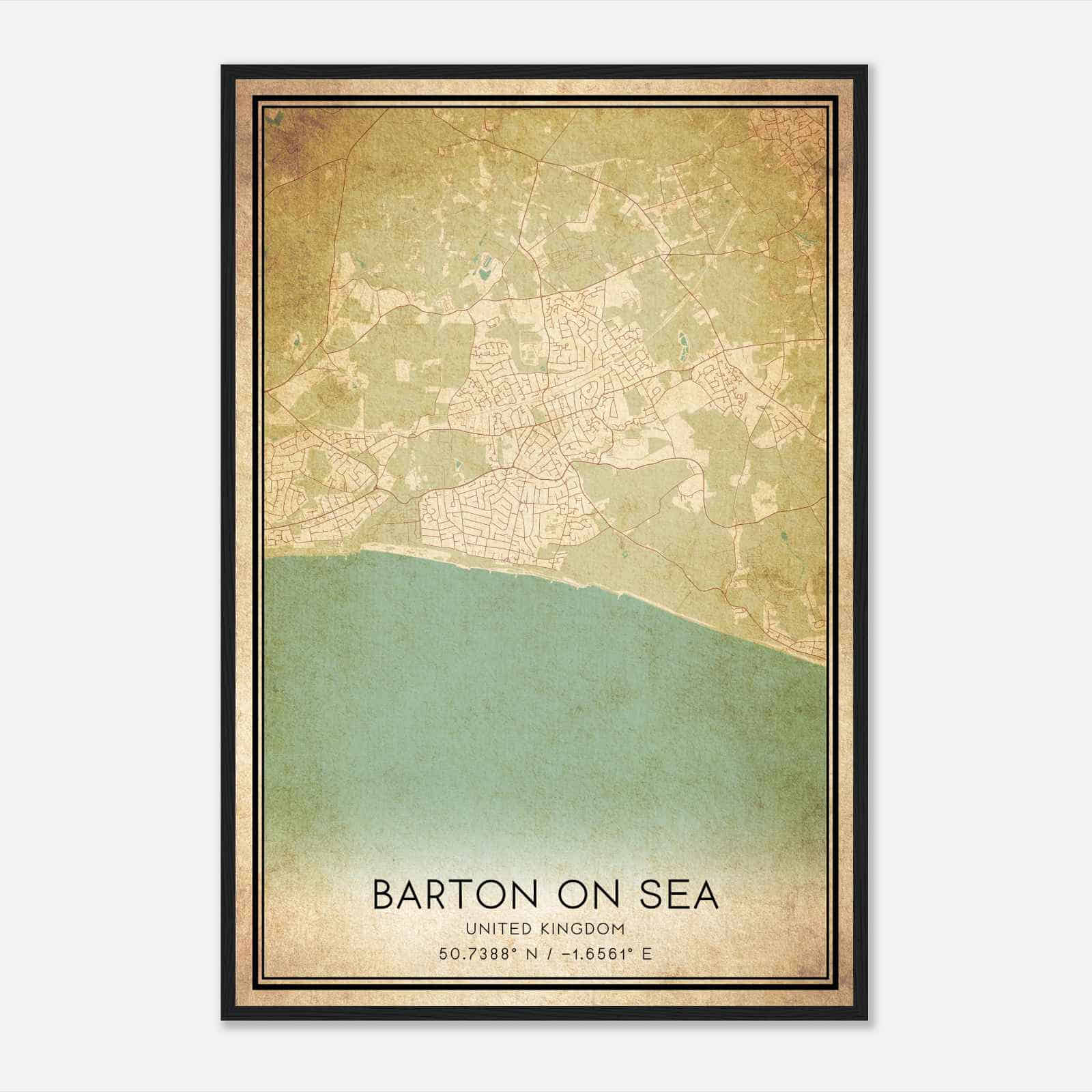 Vintage Barton on Sea United Kingdom Map Poster, Barton on Sea City Road Wall Art Print