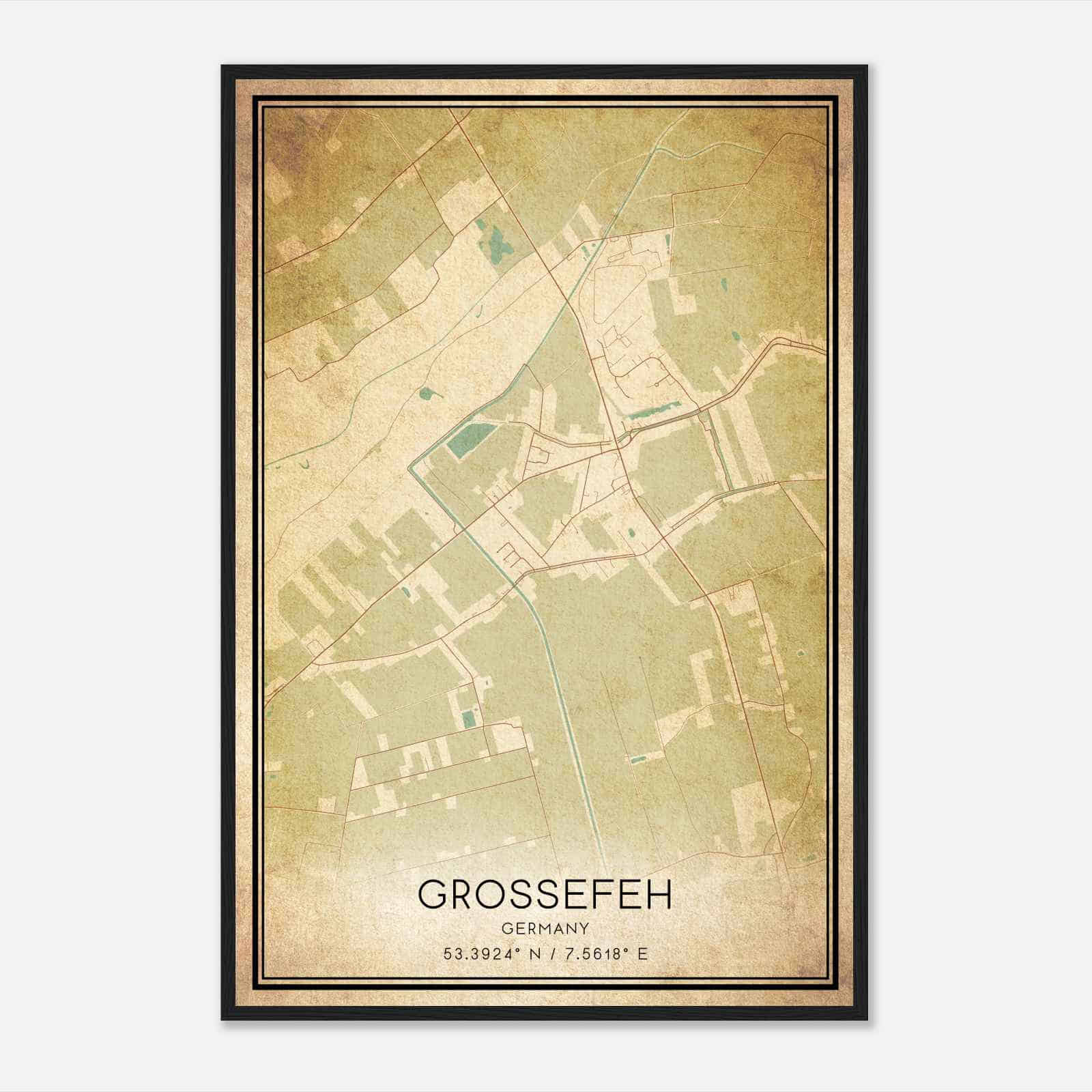 Vintage Mittegrossefehn Germany Map Poster, Mittegrossefehn City Road Wall Art Print