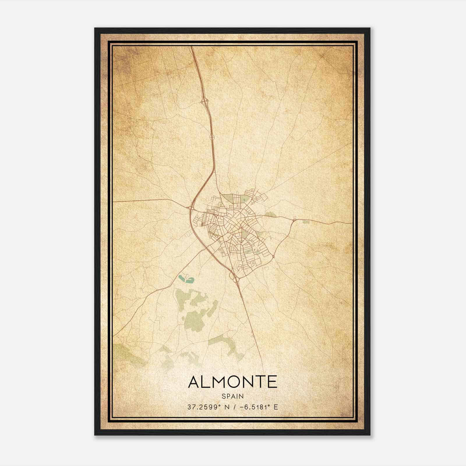 Vintage Almonte Spain Map Poster, Almonte City Road Wall Art Print