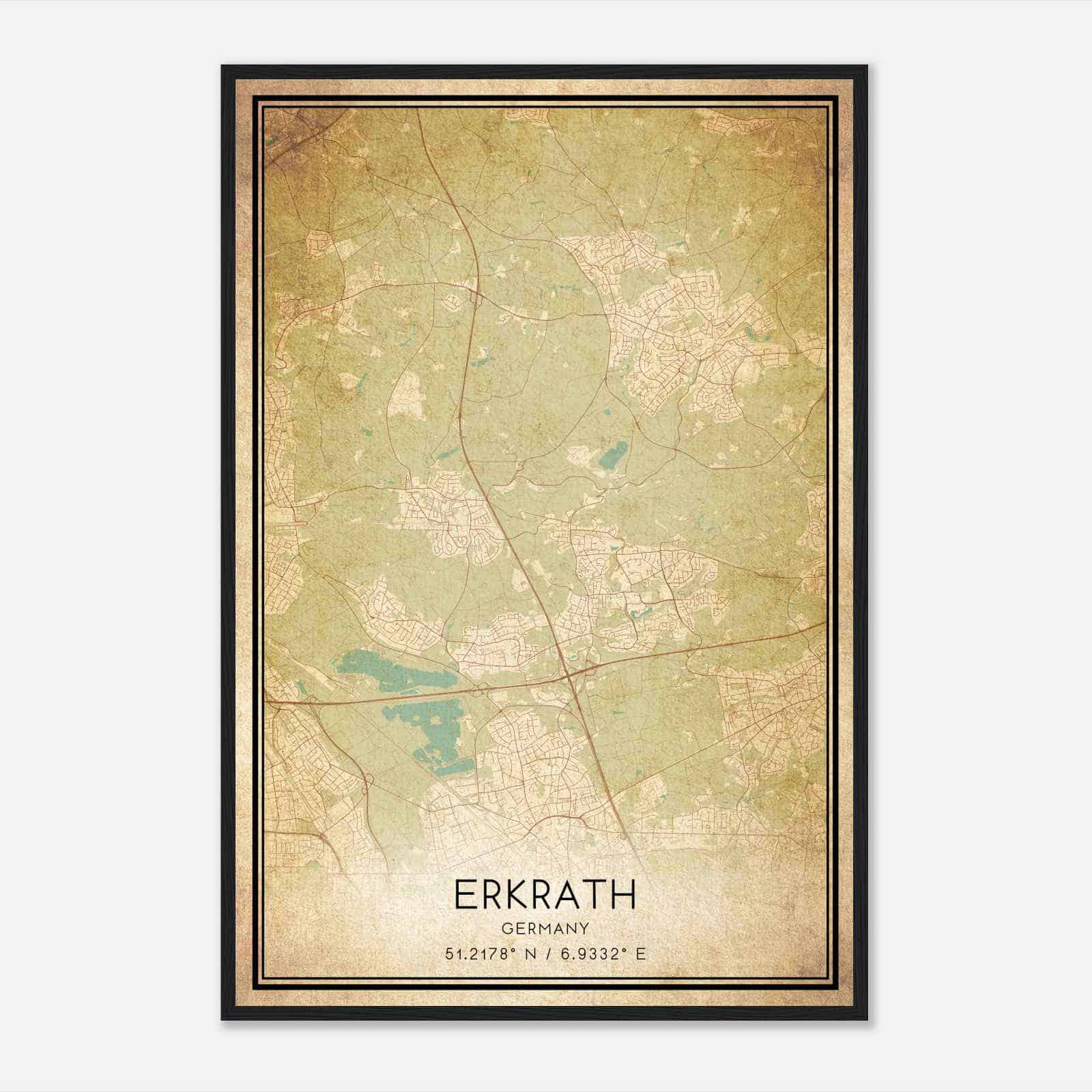 Vintage Erkrath Germany Map Poster, Erkrath City Road Wall Art Print