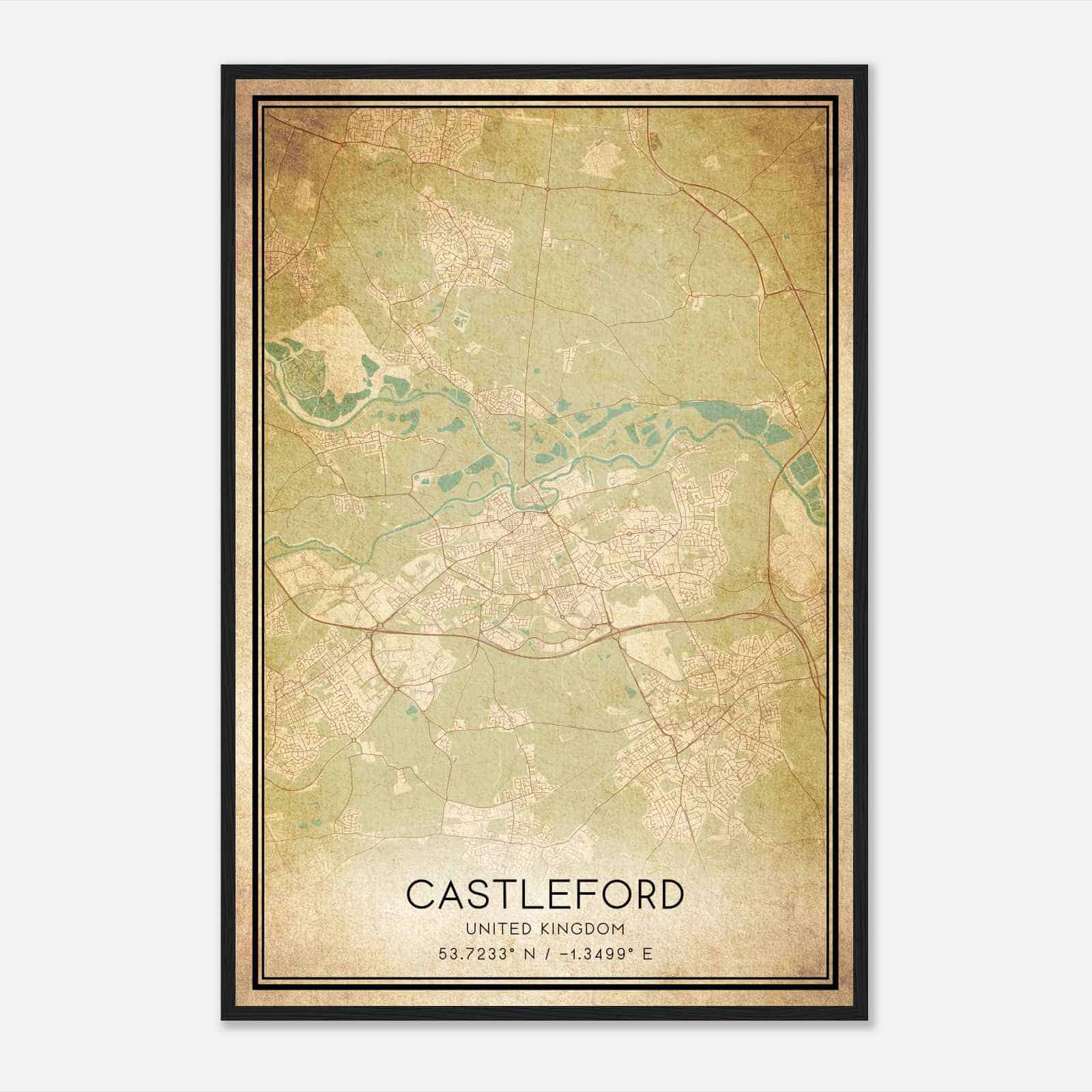 Vintage Castleford United Kingdom Map Poster, Castleford City Road Wall Art Print