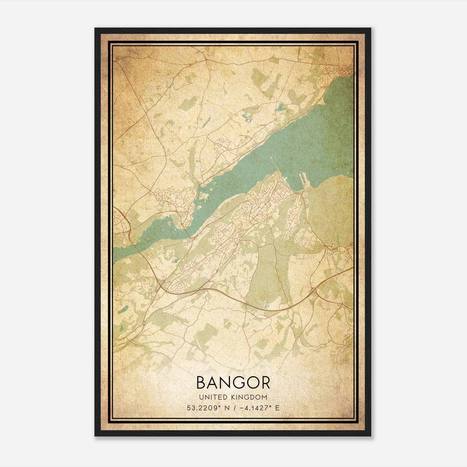 Vintage Bangor United Kingdom Map Poster, Bangor City Road Wall Art Print