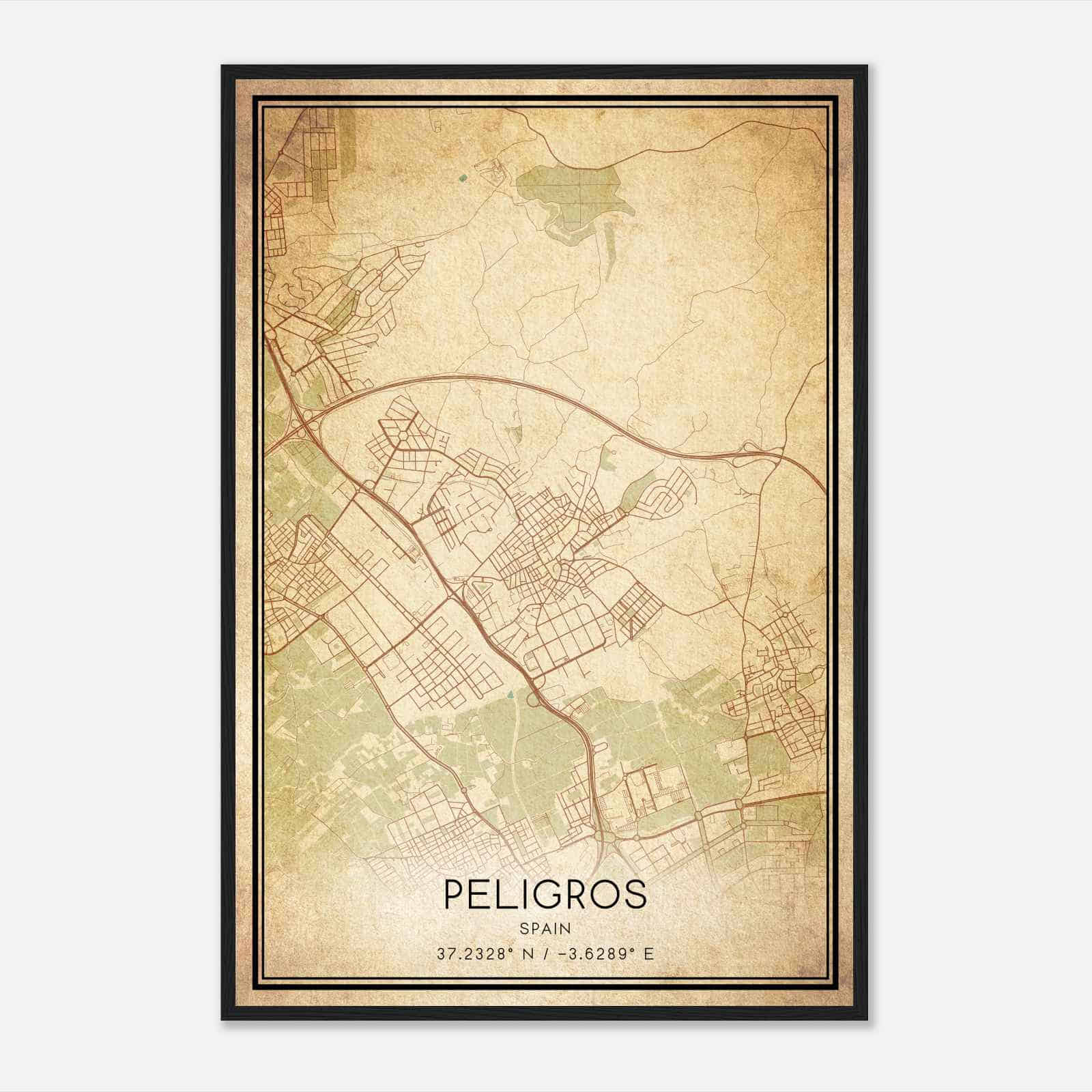 Vintage Peligros Spain Map Poster, Peligros City Road Wall Art Print