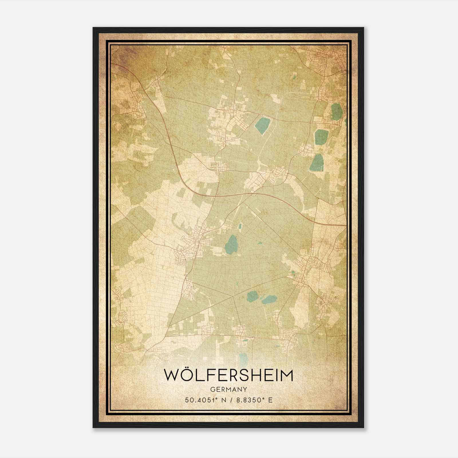 Vintage Wolfersheim Germany Map Poster, Wolfersheim City Road Wall Art Print