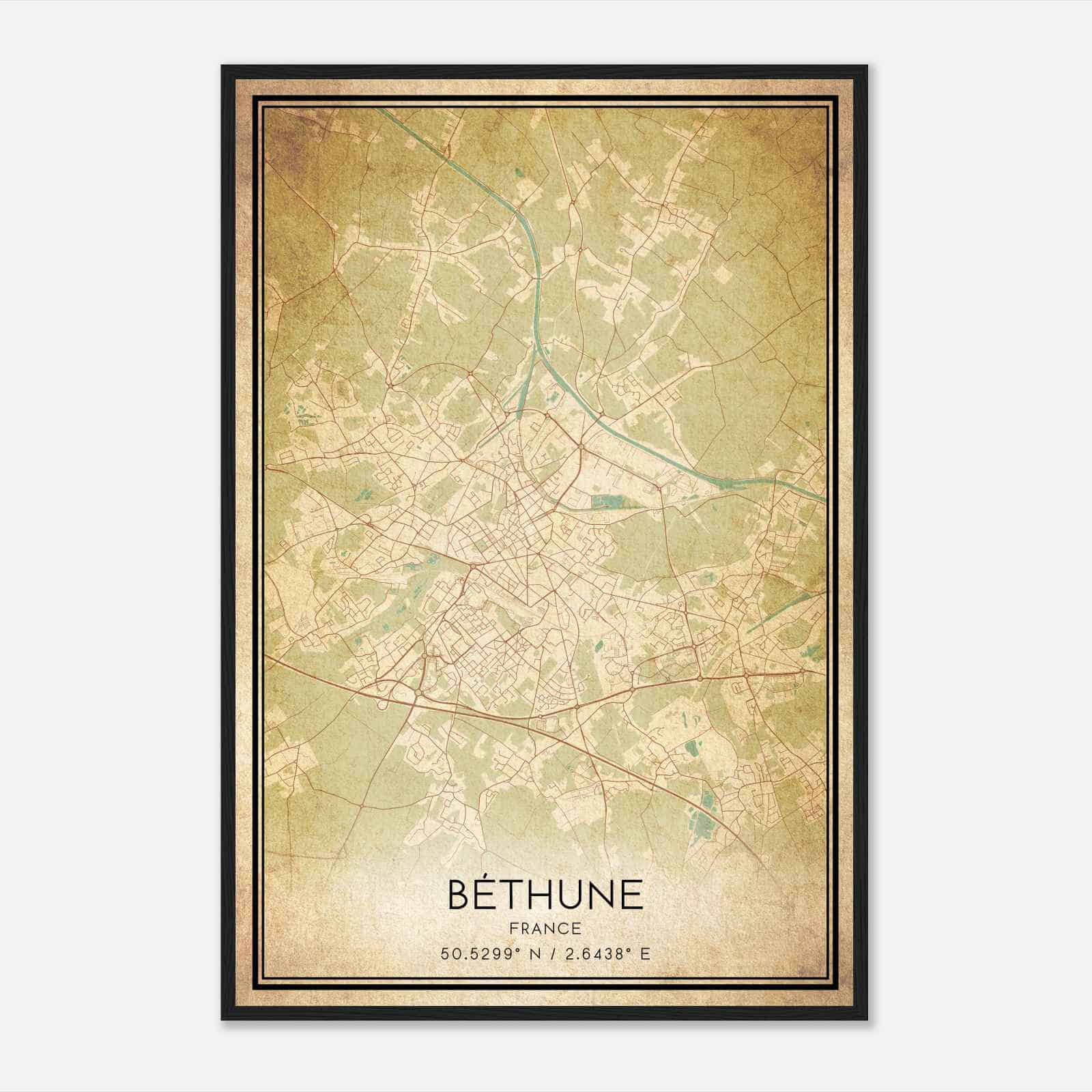 Vintage Bethune France Map Poster, Bethune City Road Wall Art Print